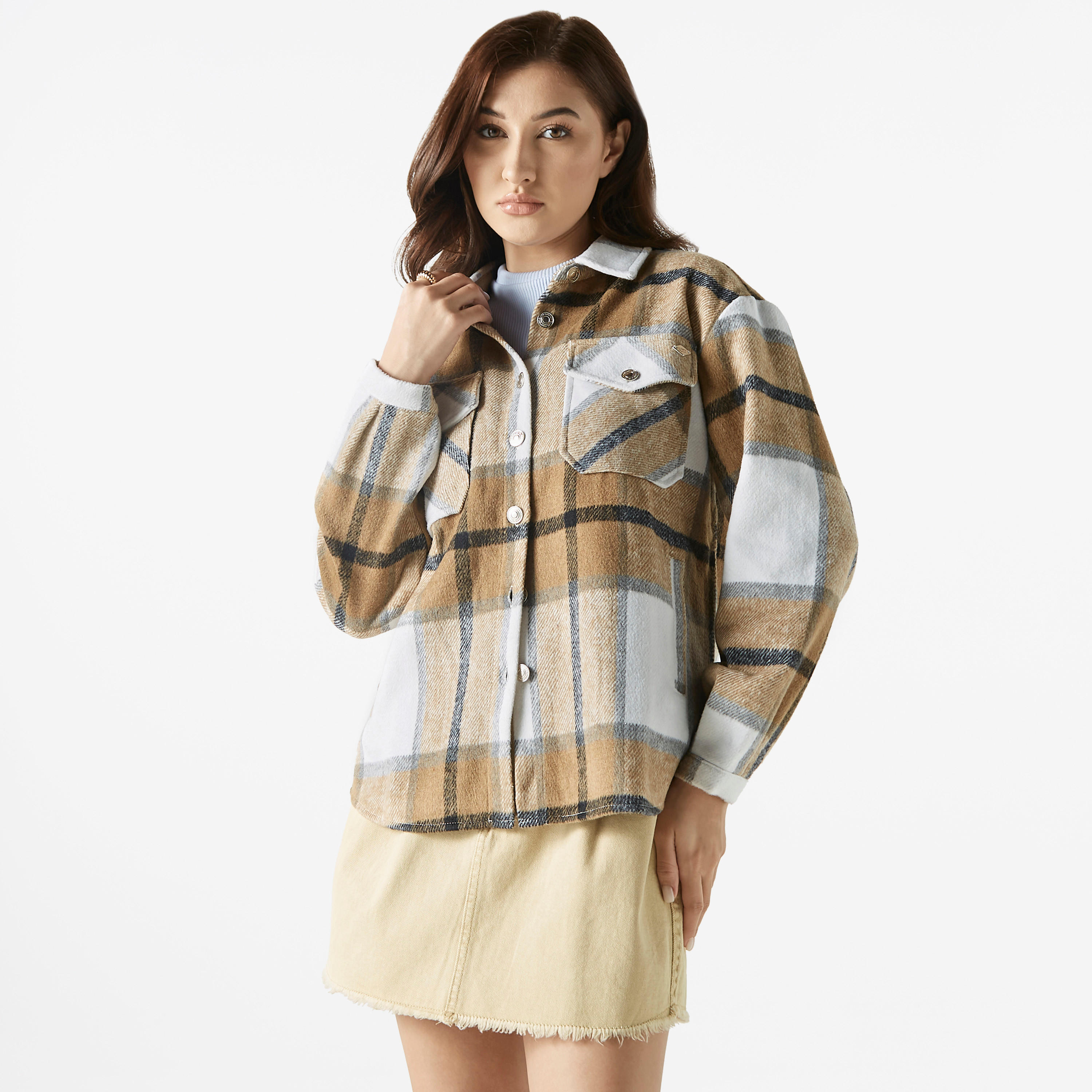Lee Cooper Checked Collared Jacket with Pockets-women-winterwear-coatsandjackets-jackets-image-1