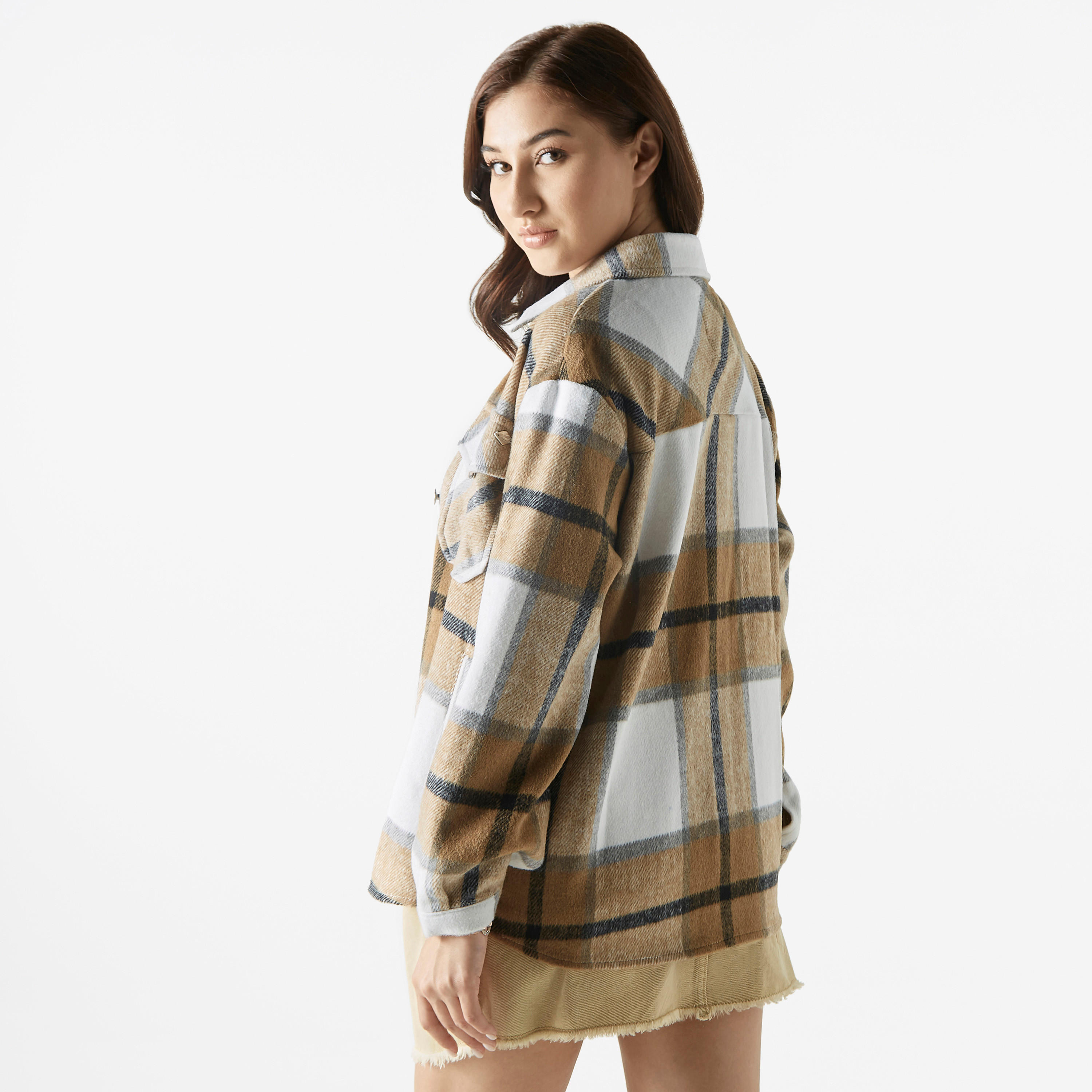 Lee Cooper Checked Collared Jacket with Pockets-women-winterwear-coatsandjackets-jackets-image-3