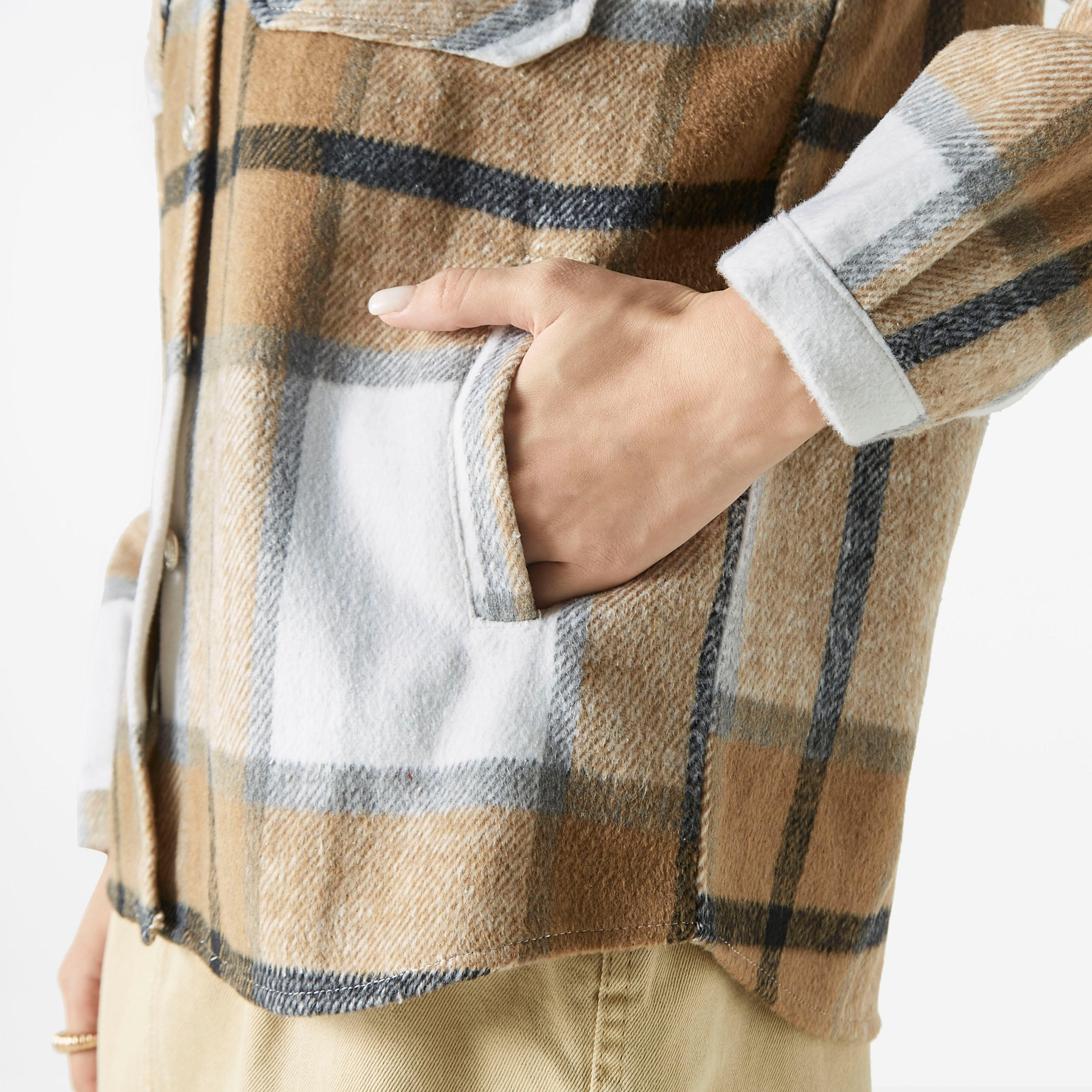 Lee Cooper Checked Collared Jacket with Pockets-women-winterwear-coatsandjackets-jackets-image-4