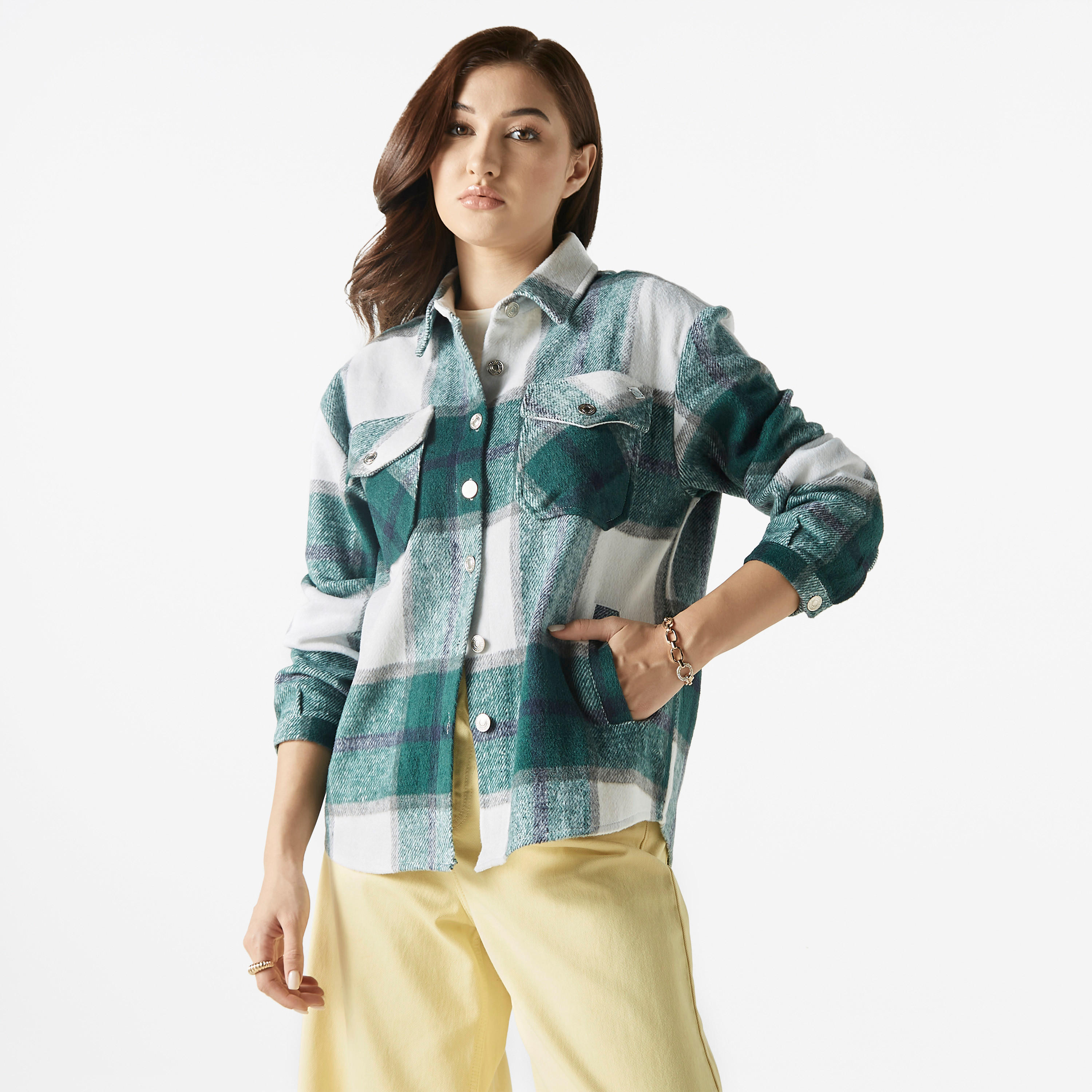 Lee Cooper Checked Collared Jacket with Pockets-women-winterwear-coatsandjackets-jackets-image-1