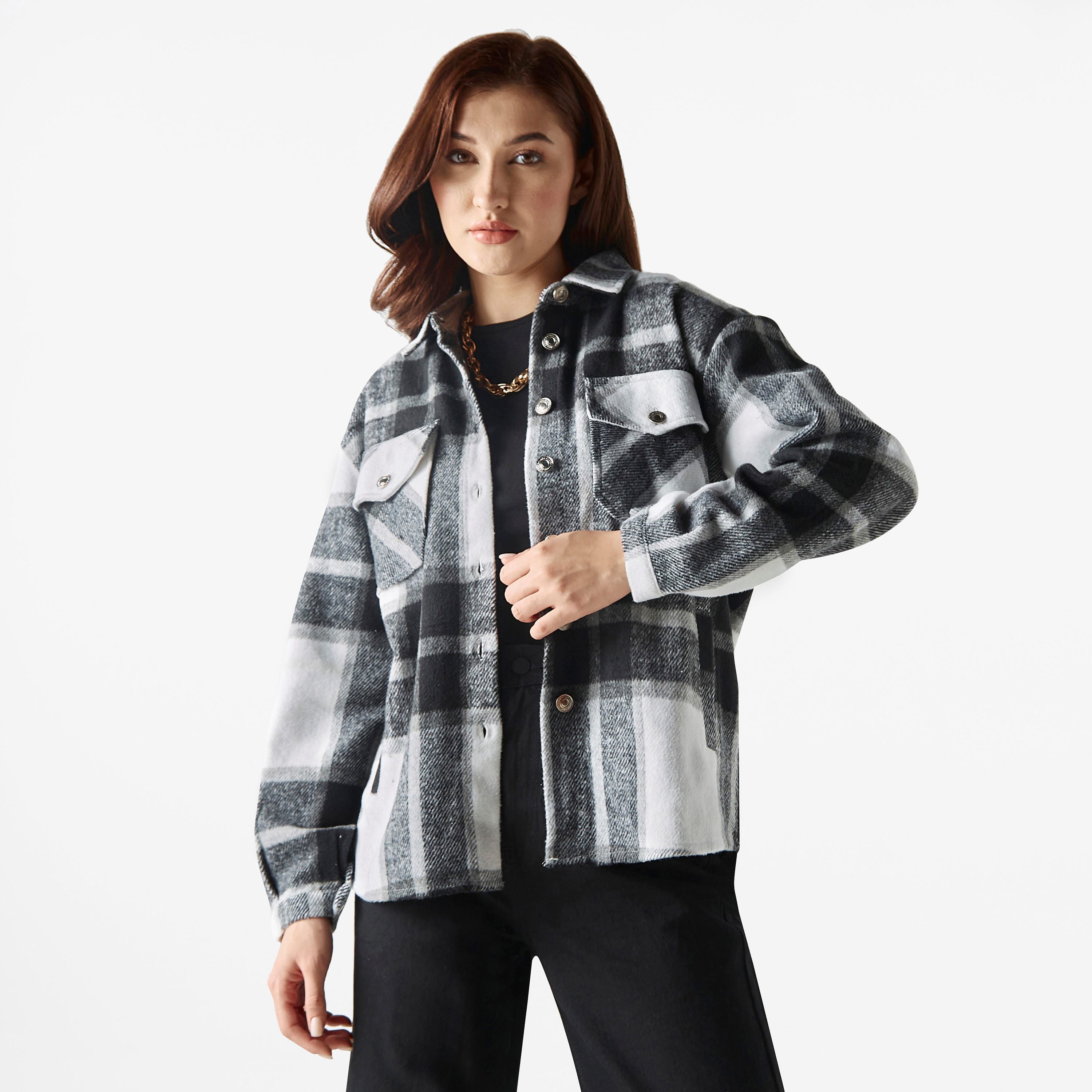 Lee Cooper Checked Collared Jacket with Pockets-women-winterwear-coatsandjackets-jackets-image-1