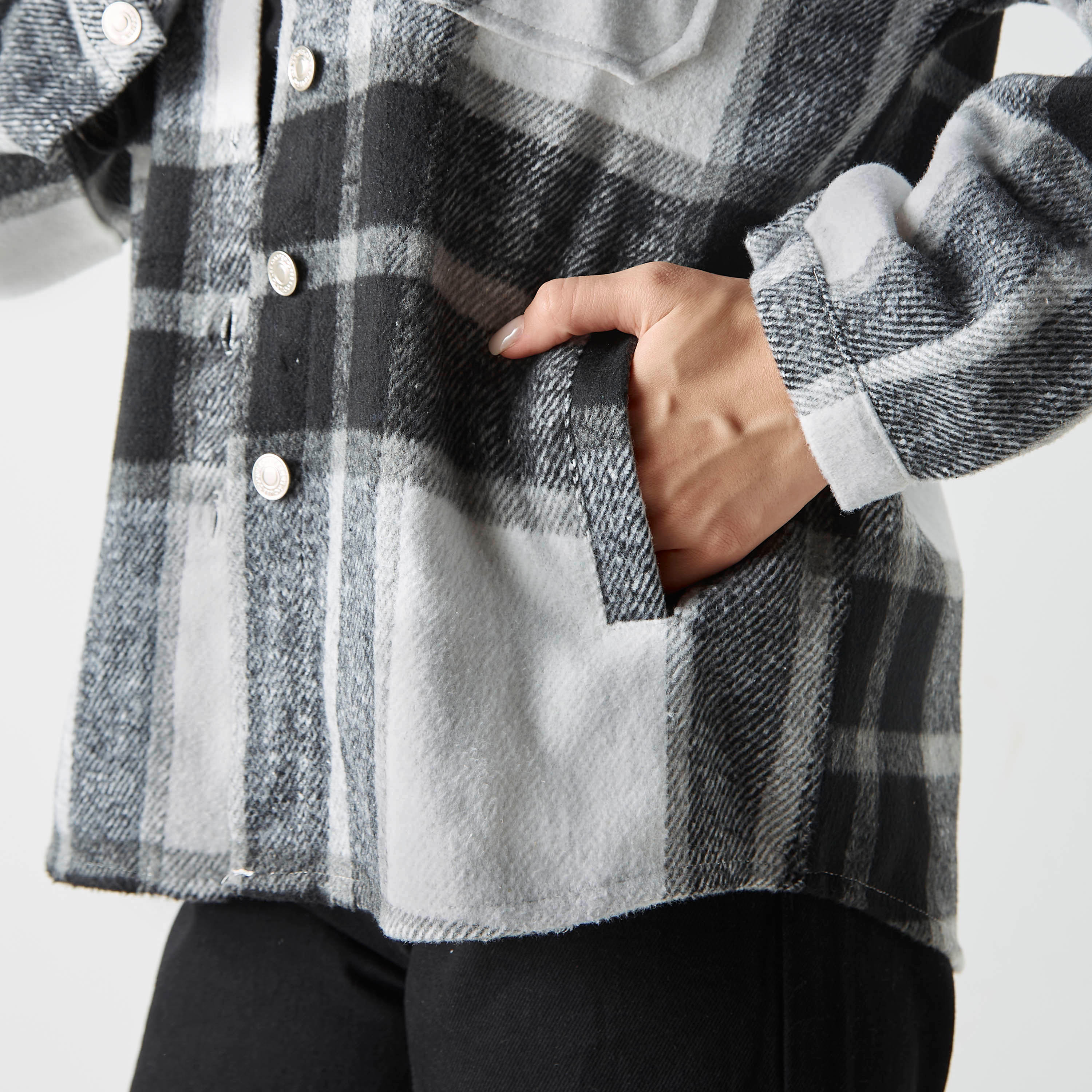 Lee Cooper Checked Collared Jacket with Pockets-women-winterwear-coatsandjackets-jackets-image-5