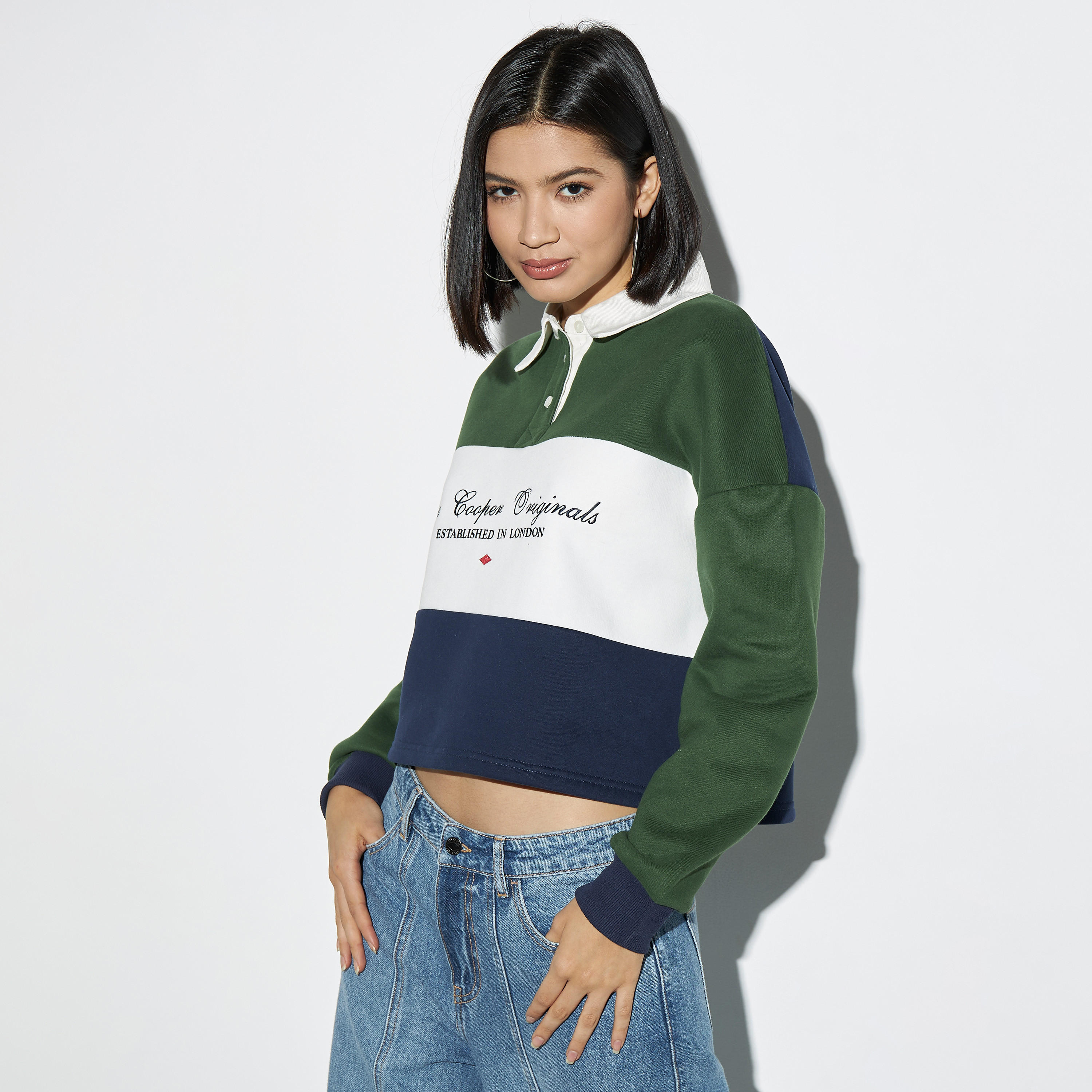 Lee Cooper Colourblock Collared Sweatshirt with Long Sleeves-women-clothing-tshirts-image-1