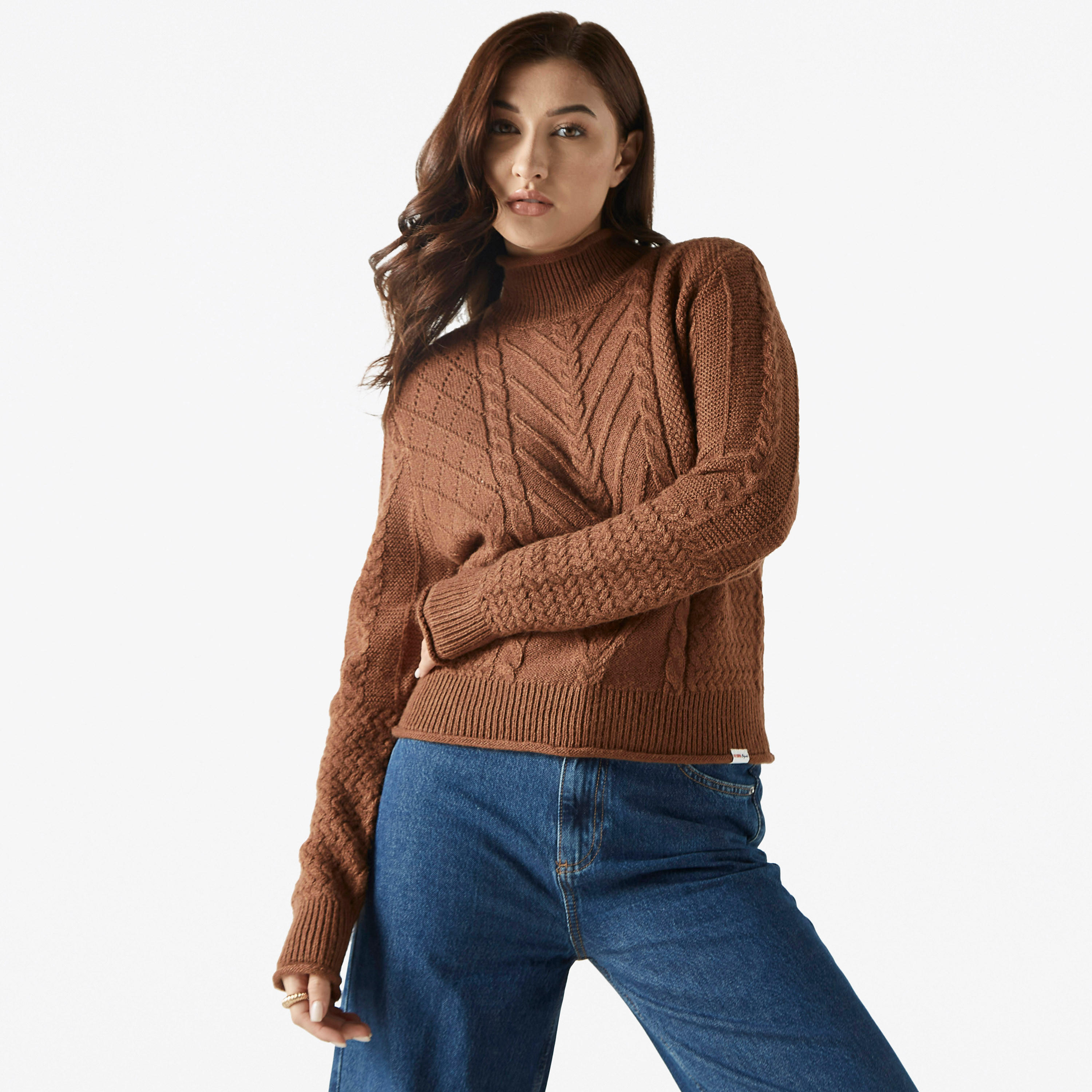 كنزة بارزة الملمس بياقة عالية وأكمام طويلة من لي كوبر-women-clothing-cardigansandjumpers-jumpers-image-1