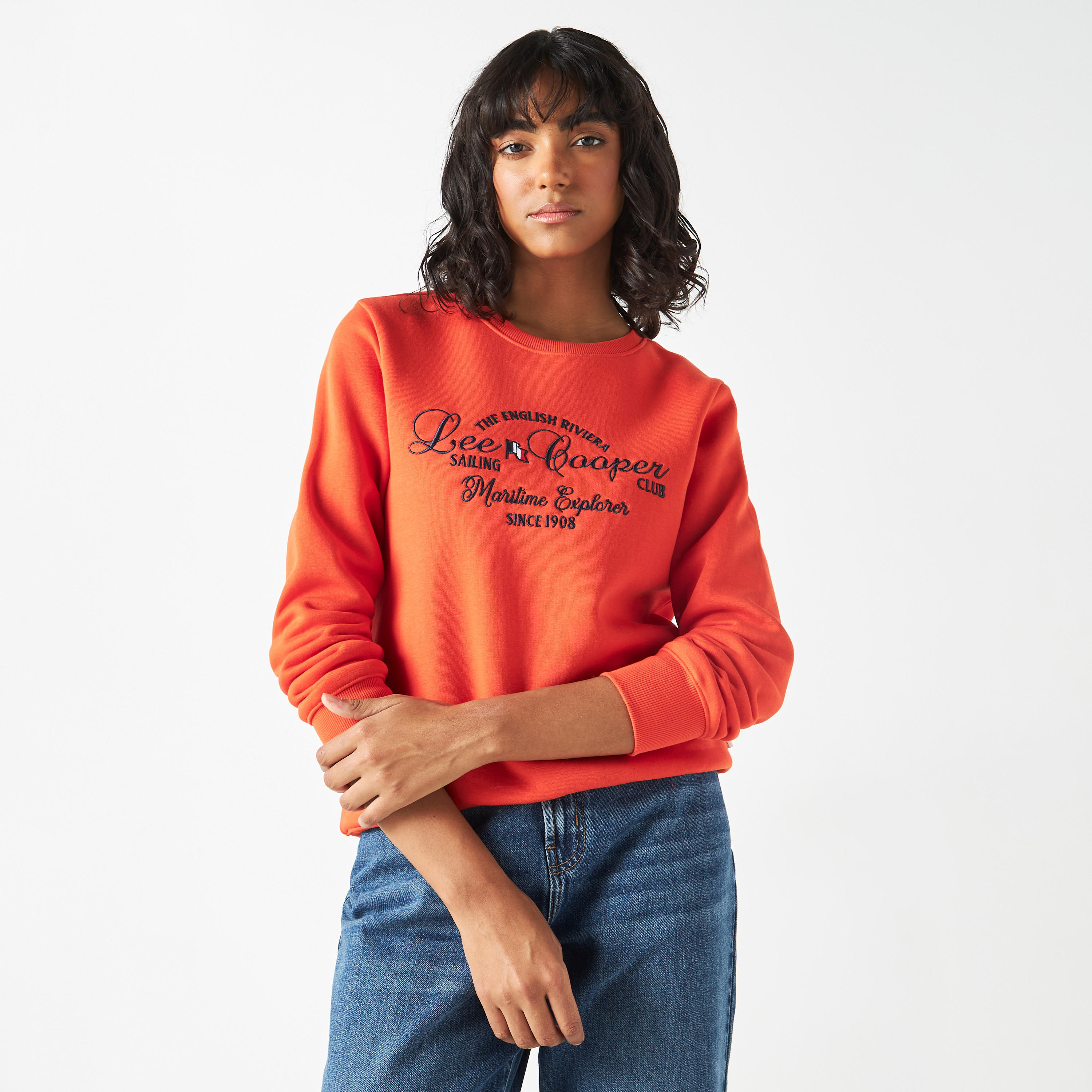 Lee Cooper Logo Print Crew Neck Sweatshirt with Long Sleeves-women-winterwear-hoodiesandsweatshirts-sweatshirts-image-1
