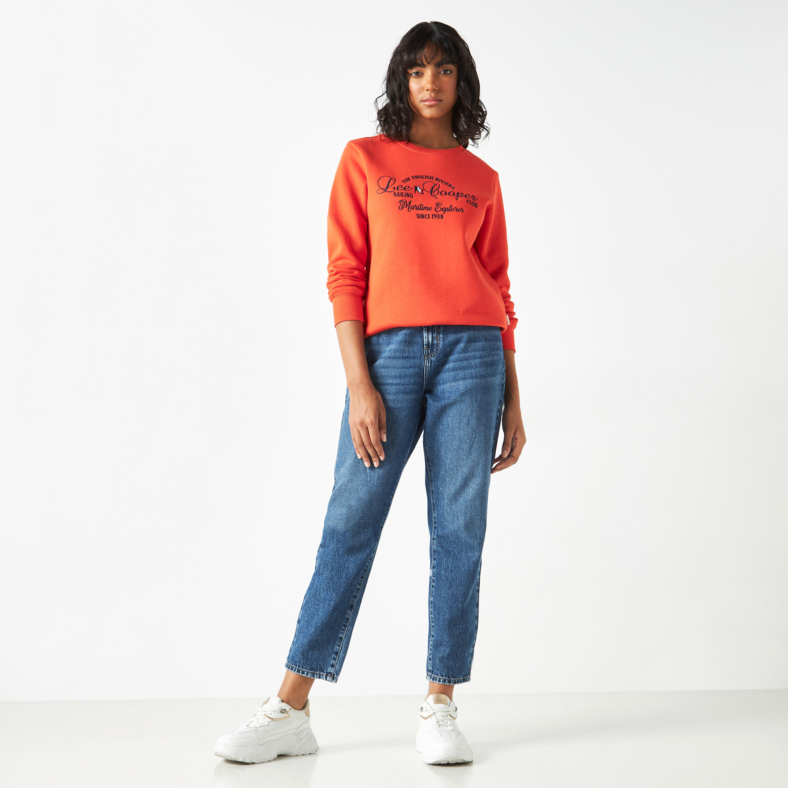 Lee Cooper Logo Print Crew Neck Sweatshirt with Long Sleeves-women-winterwear-hoodiesandsweatshirts-sweatshirts-image-2