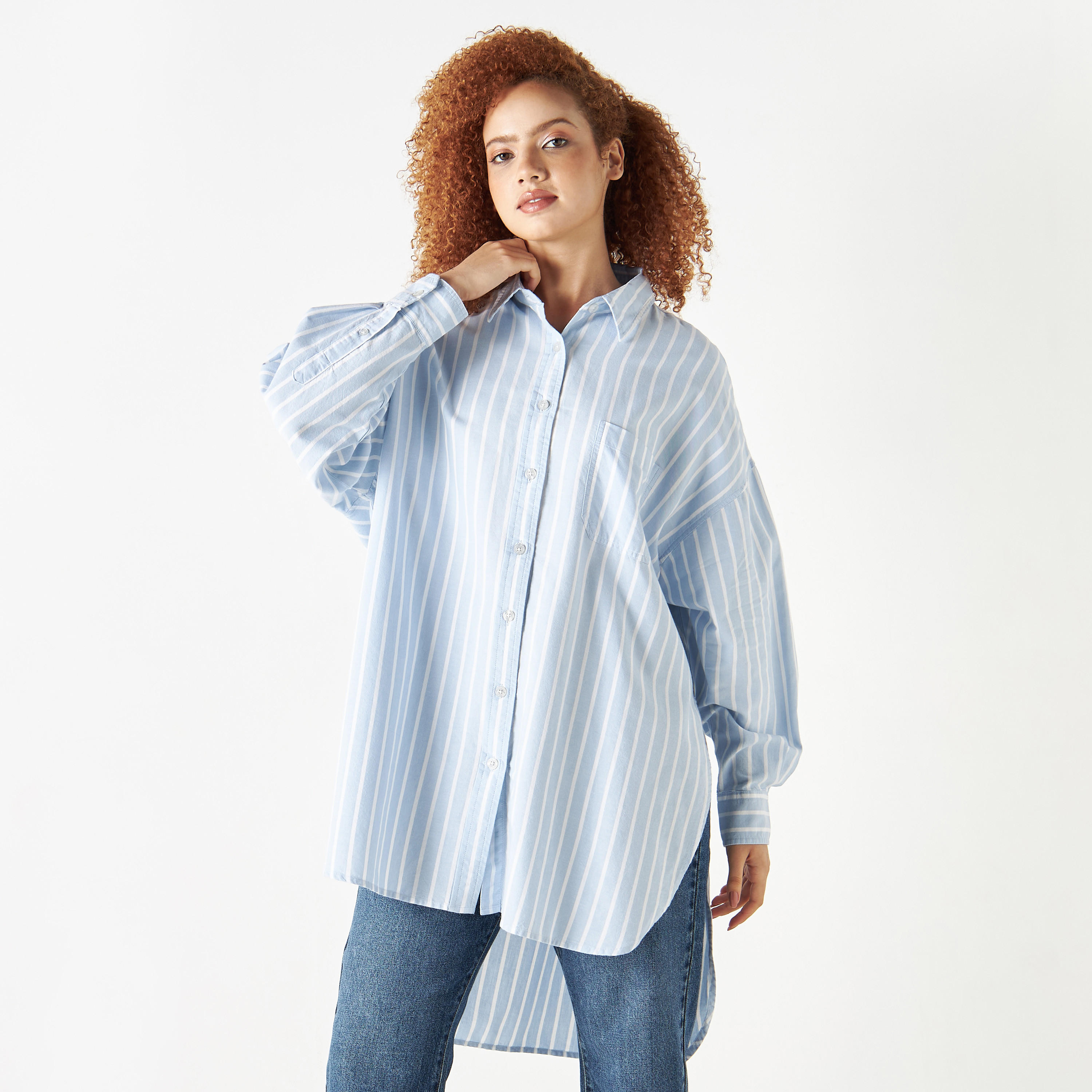 قميص دينم مقلّم طويل بأكمام طويلة من لي كوبر-women-clothing-shirtsandblouses-shirts-image-1