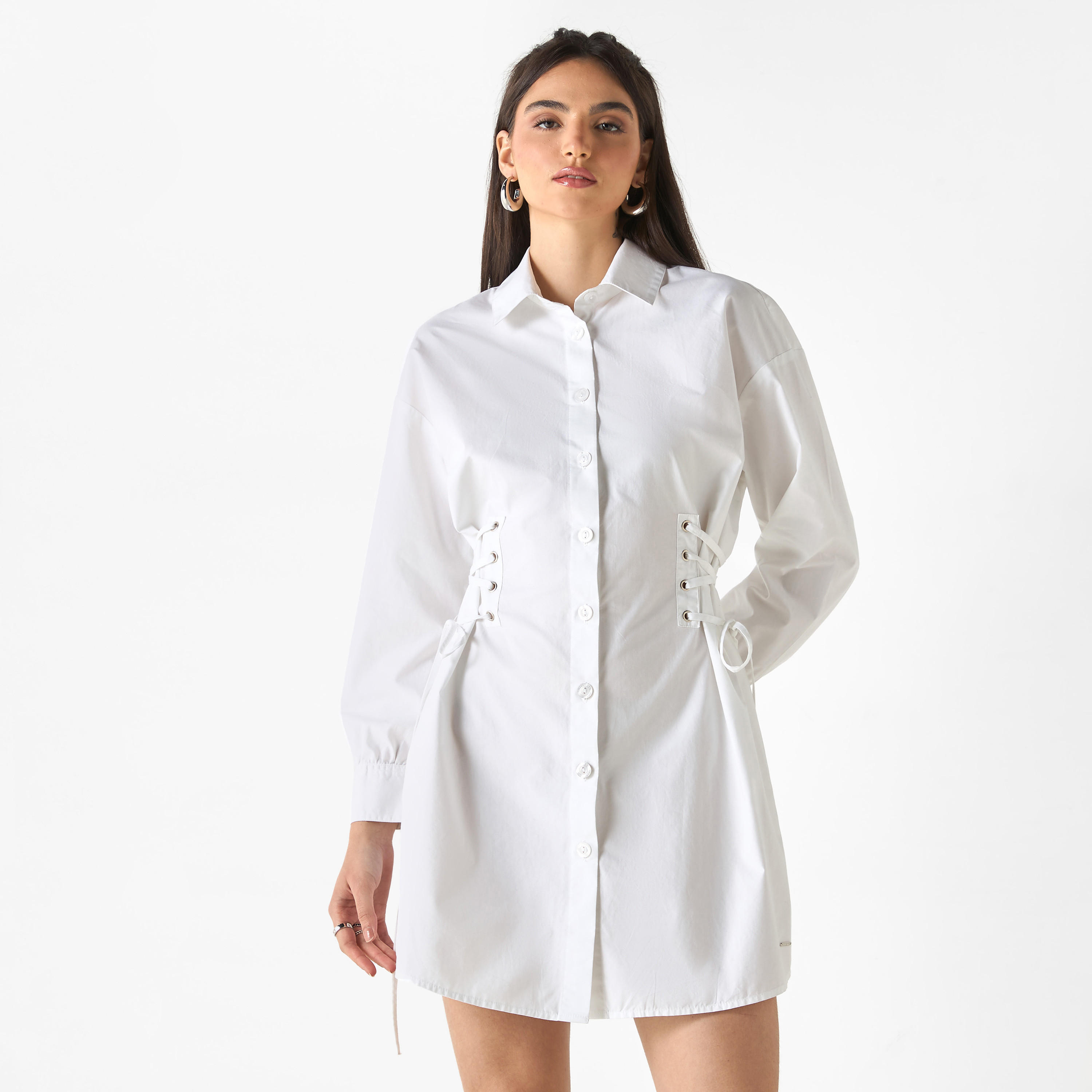 Lee Cooper Shirt Cotton Dress with Long Sleeves and Tie-Ups-women-clothing-shirtsandblouses-shirts-image-7