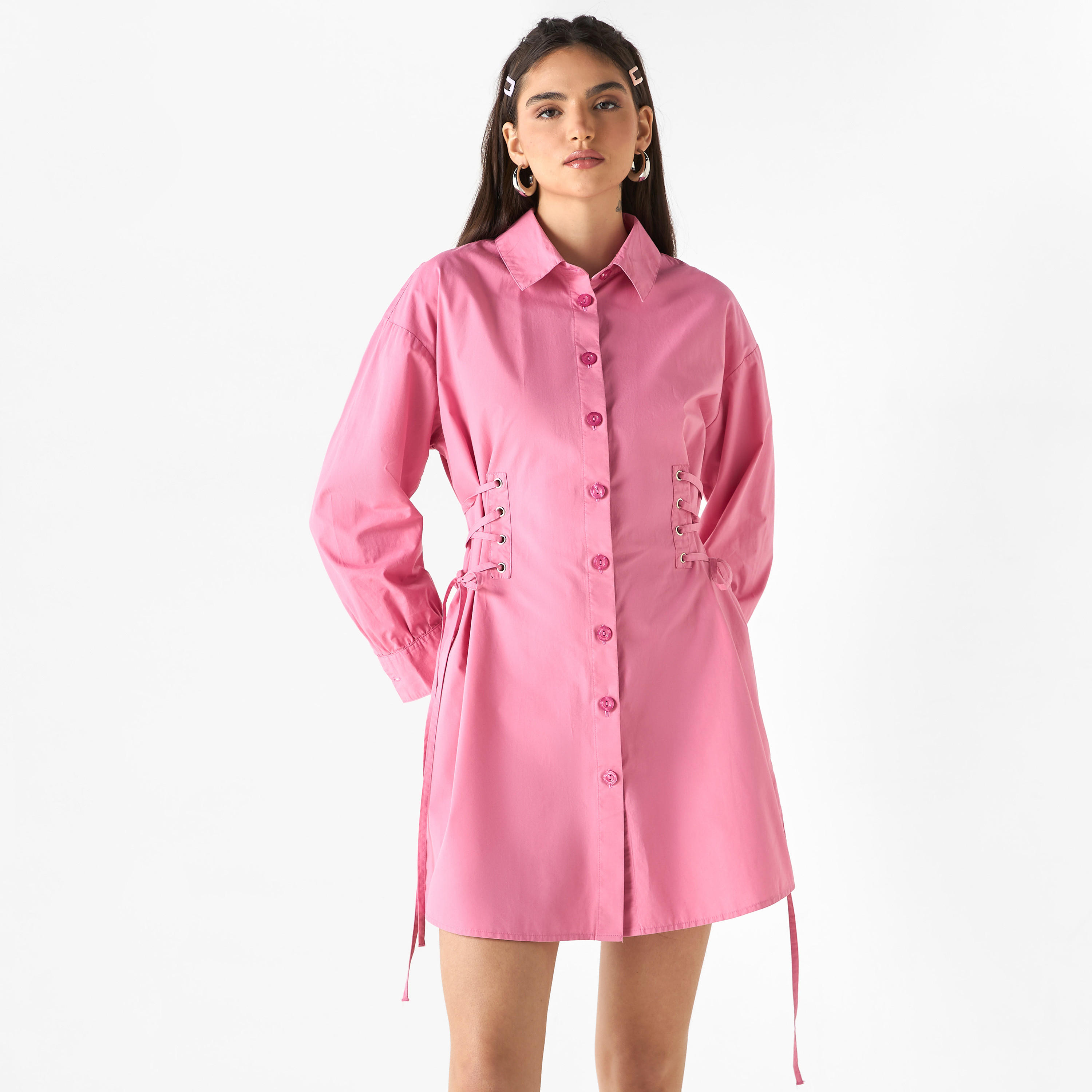 Lee Cooper Shirt Cotton Dress with Long Sleeves and Tie-Ups-women-clothing-shirtsandblouses-shirts-image-1