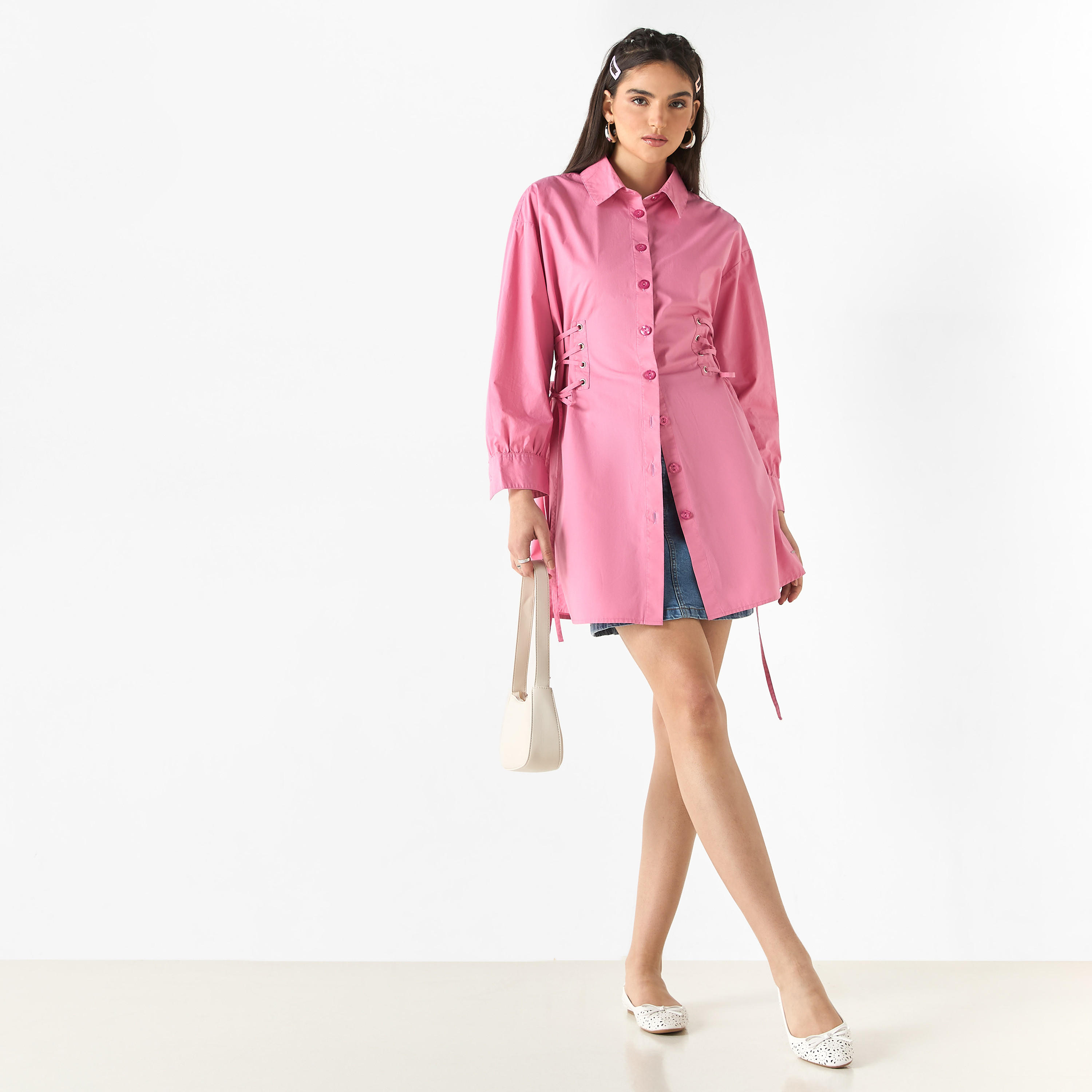 Lee Cooper Shirt Cotton Dress with Long Sleeves and Tie-Ups-women-clothing-shirtsandblouses-shirts-image-2