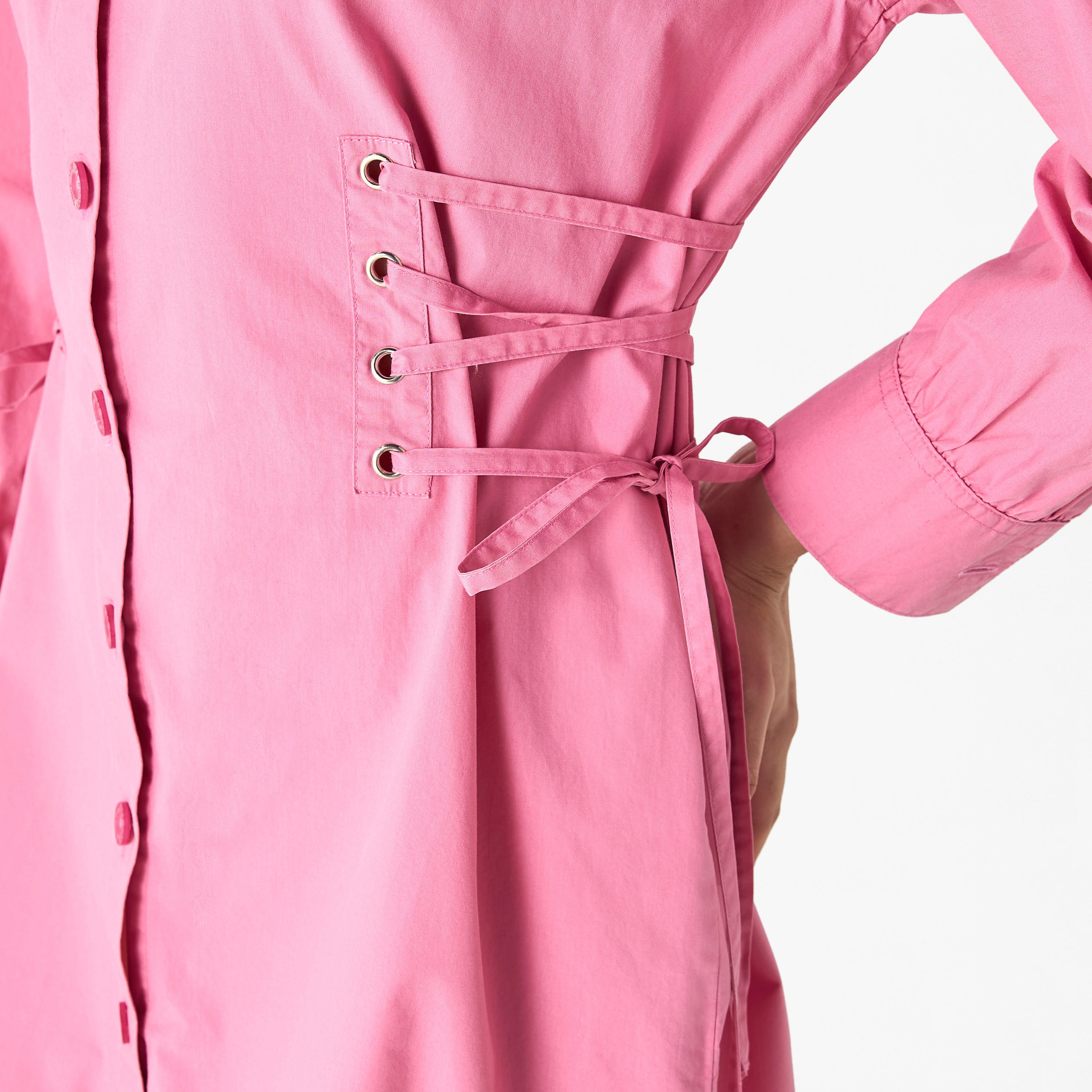 Lee Cooper Shirt Cotton Dress with Long Sleeves and Tie-Ups-women-clothing-shirtsandblouses-shirts-image-4