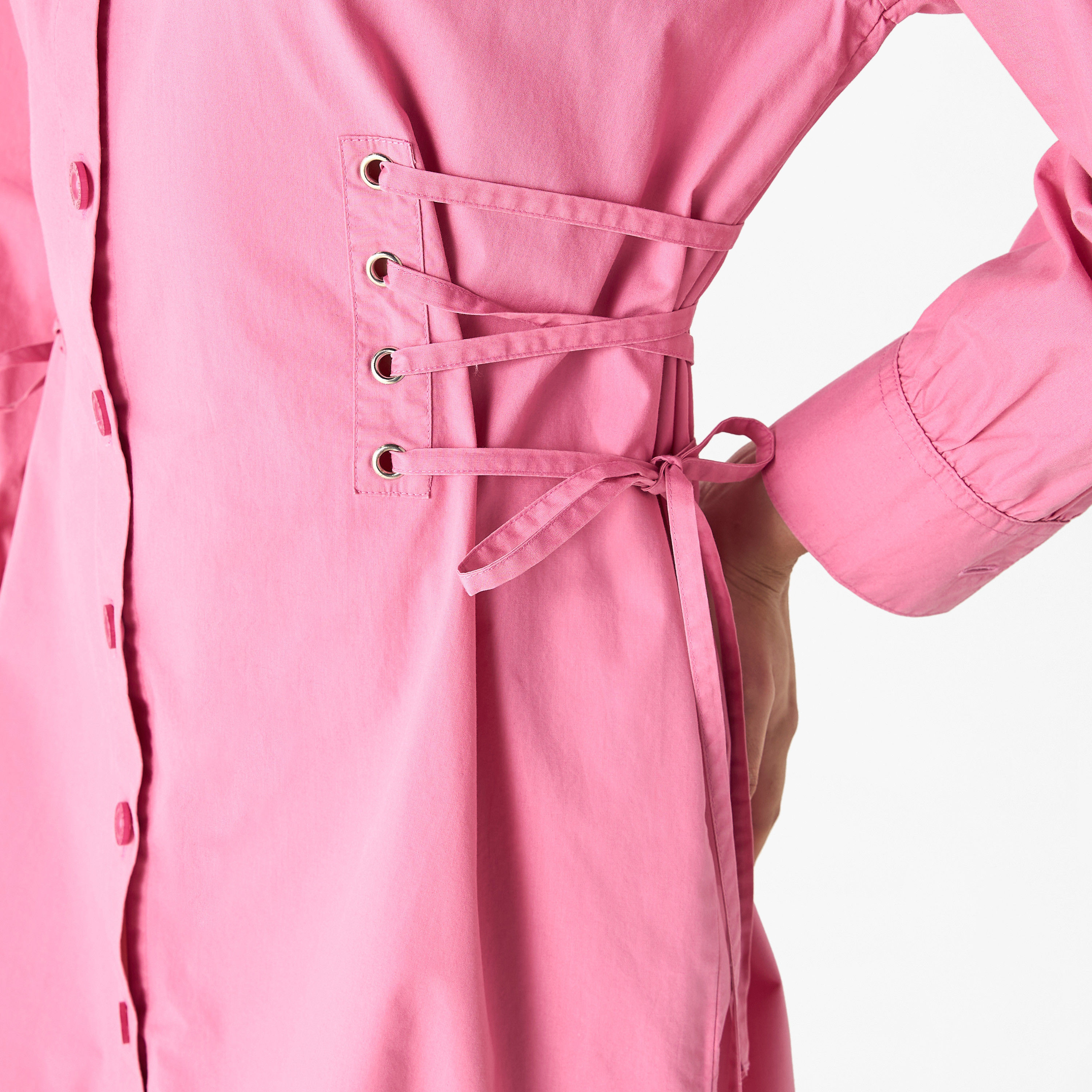 Lee Cooper Shirt Cotton Dress with Long Sleeves and Tie-Ups-women-clothing-shirtsandblouses-shirts-image-4
