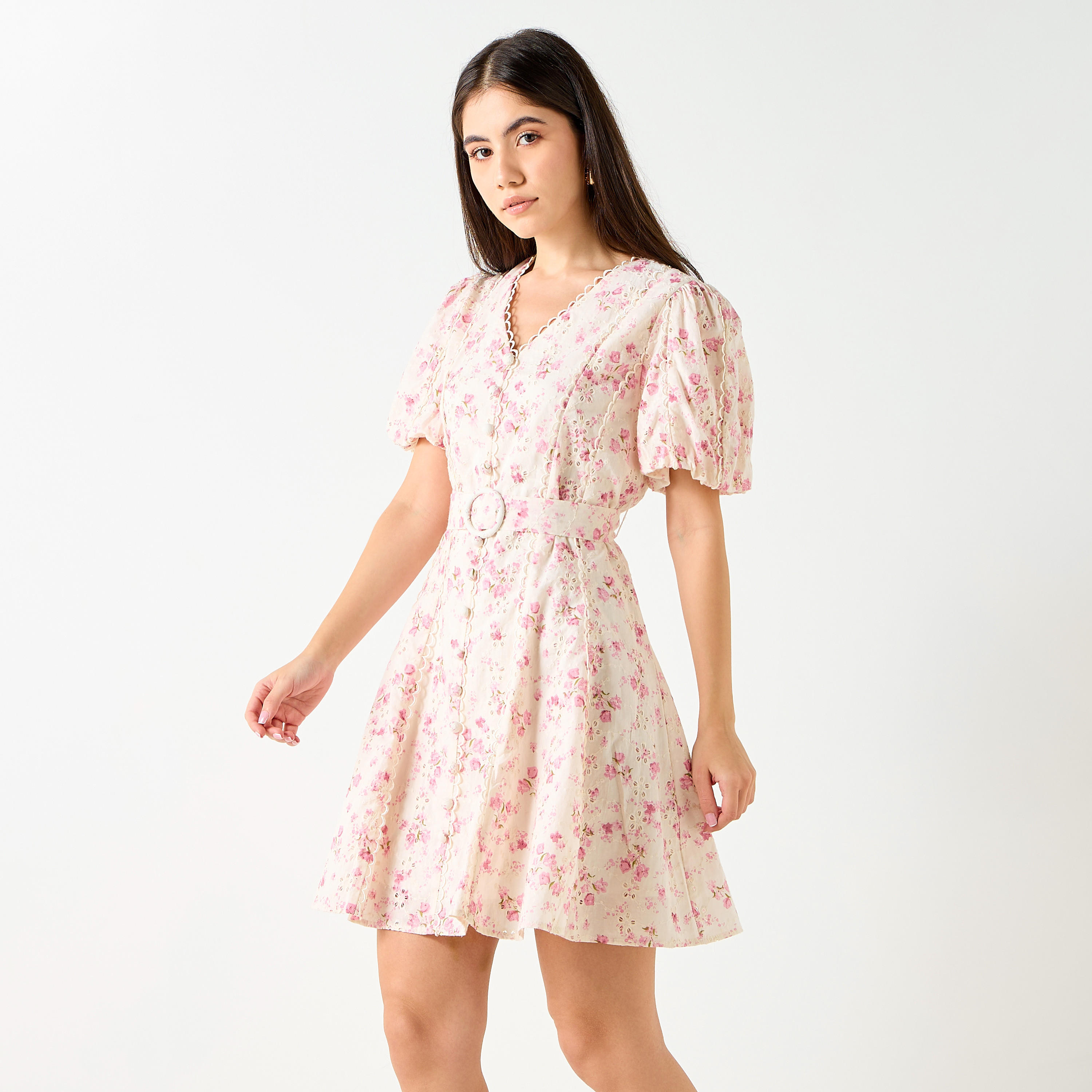 Lee Cooper Floral Print V-Neck Mini Dress with Belt Detail-women-clothing-dresses-image-1