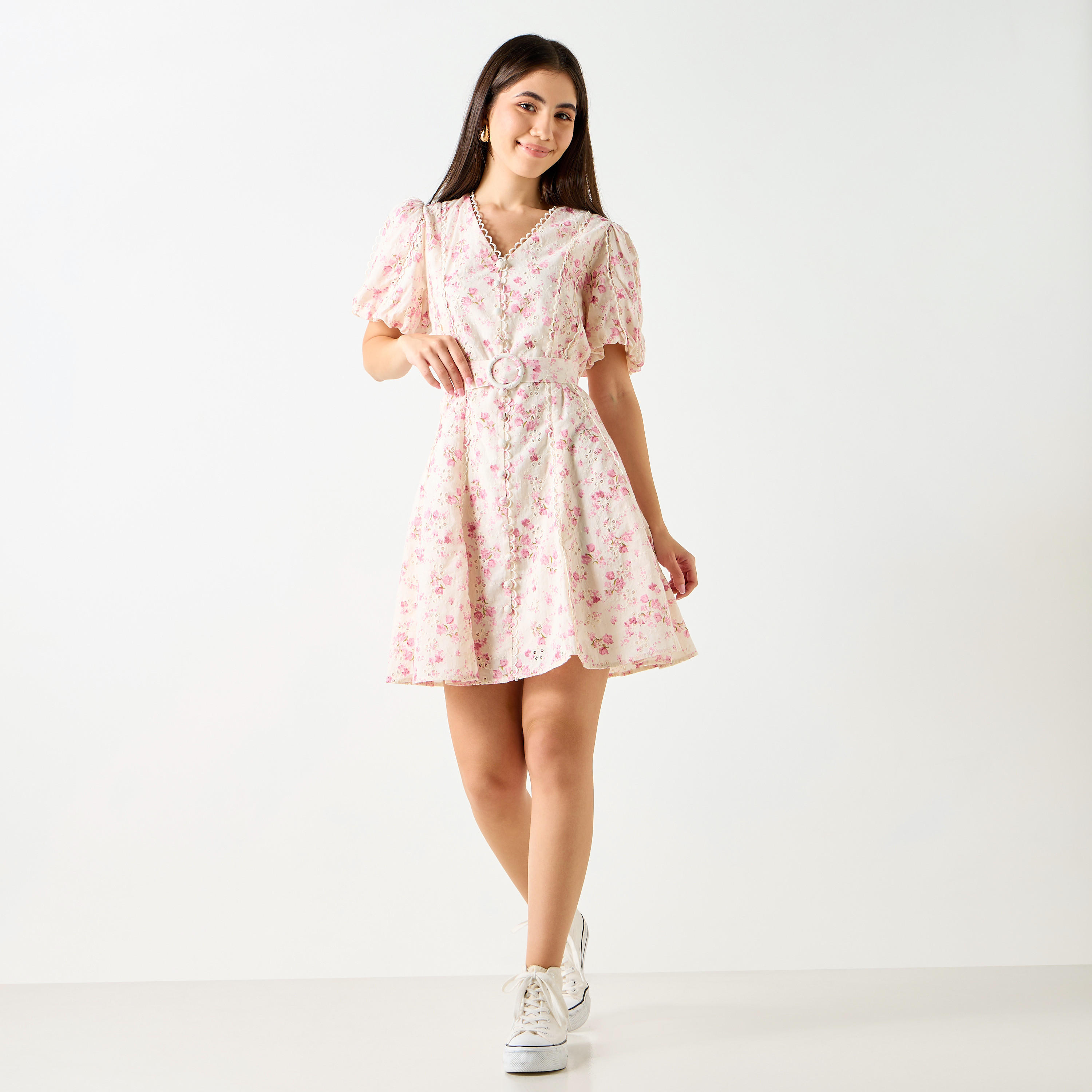 Lee Cooper Floral Print V-Neck Mini Dress with Belt Detail-women-clothing-dresses-image-2