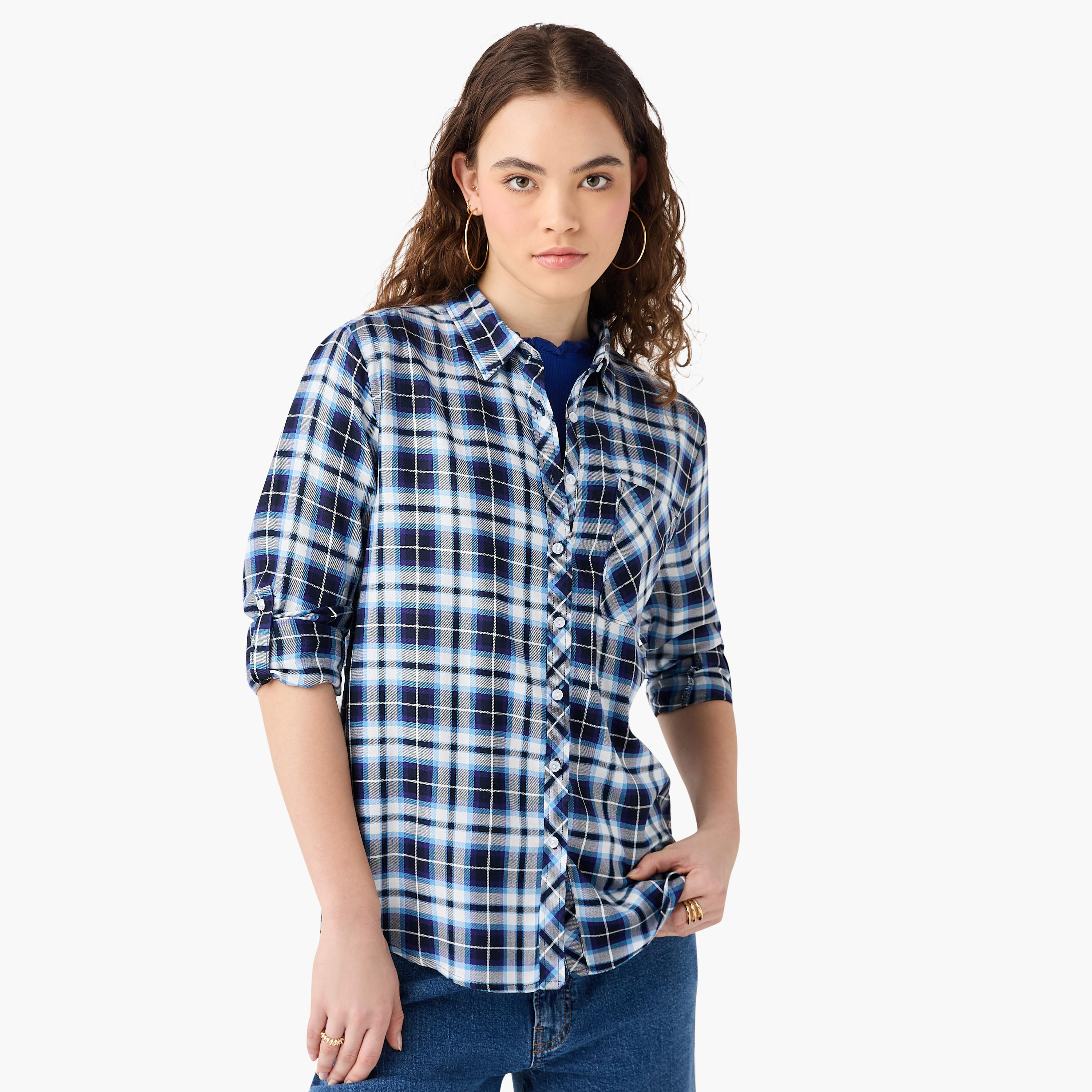 Lee Cooper Regular Fit Checked Collared Shirt with Long Sleeves-women-clothing-shirtsandblouses-shirts-image-1