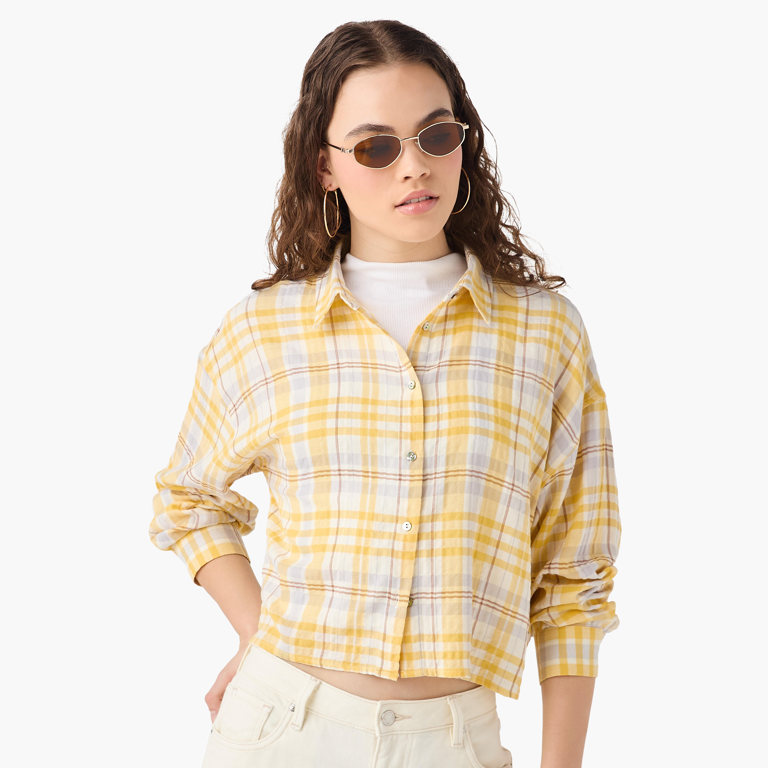 تيشيرت قصير كاروهات بأكمام طويلة وقصة عادية من لي كوبر-women-clothing-shirtsandblouses-shirts-image-6