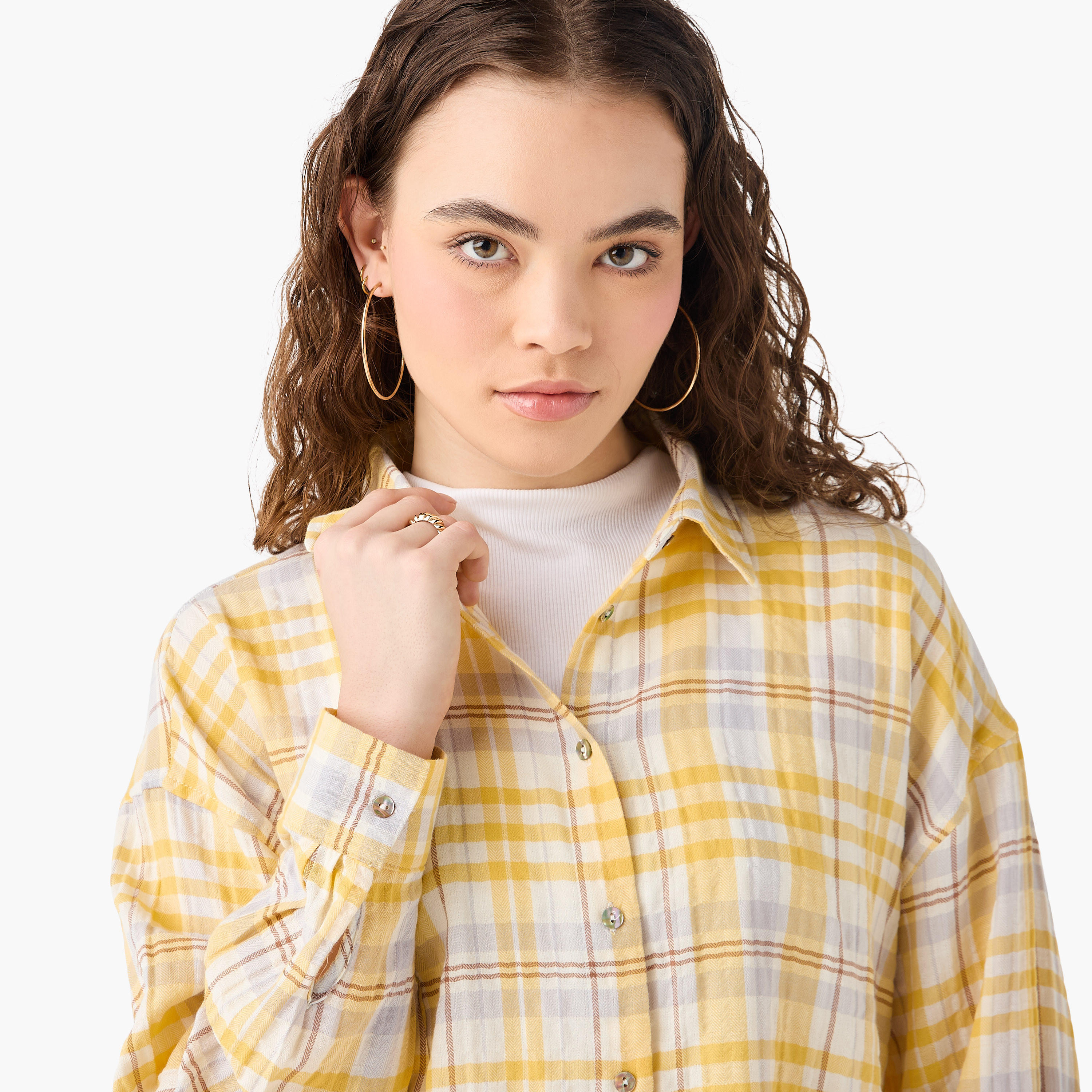 تيشيرت قصير كاروهات بأكمام طويلة وقصة عادية من لي كوبر-women-clothing-shirtsandblouses-shirts-image-9