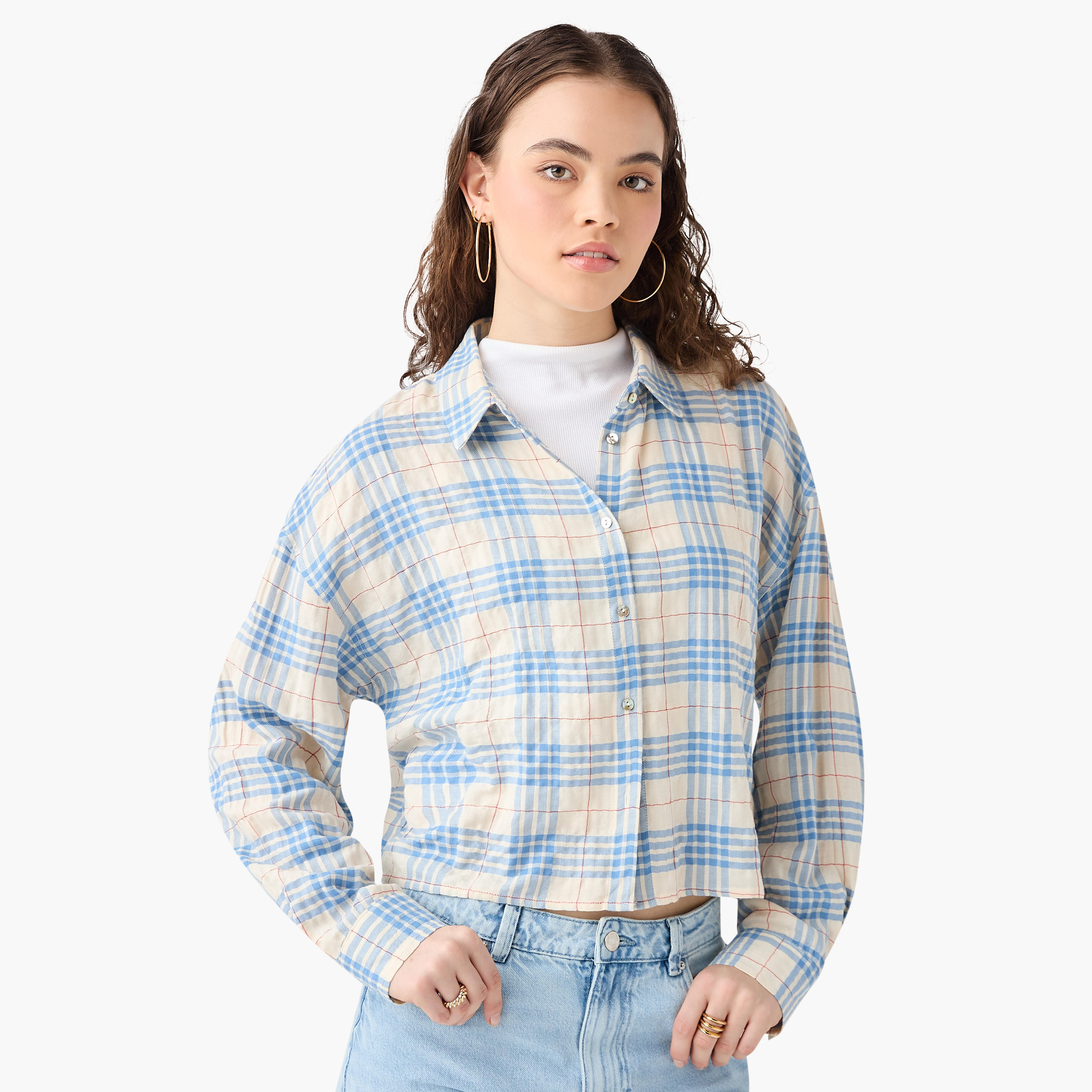 تيشيرت قصير كاروهات بأكمام طويلة وقصة عادية من لي كوبر-women-clothing-shirtsandblouses-shirts-image-1