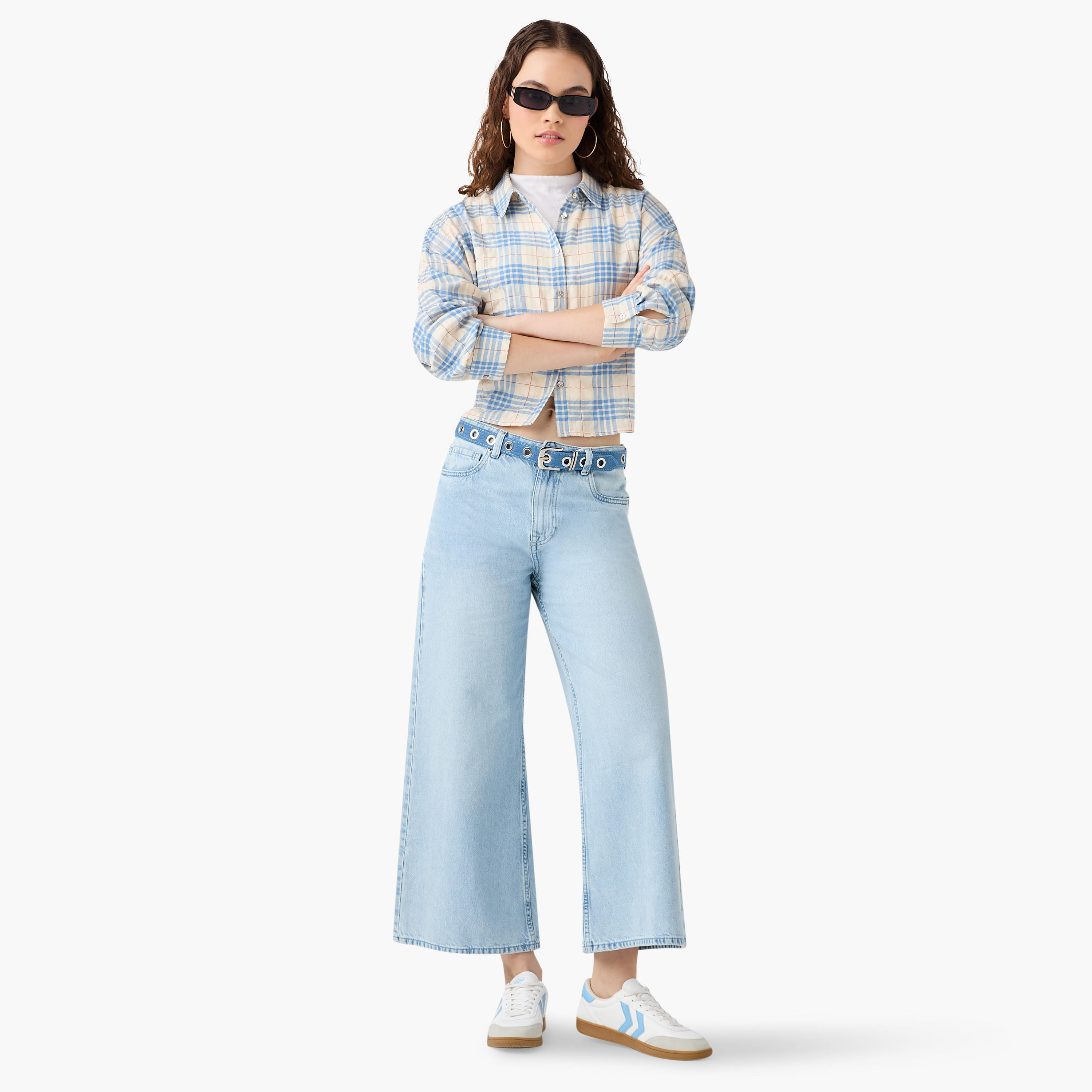 تيشيرت قصير كاروهات بأكمام طويلة وقصة عادية من لي كوبر-women-clothing-shirtsandblouses-shirts-image-2