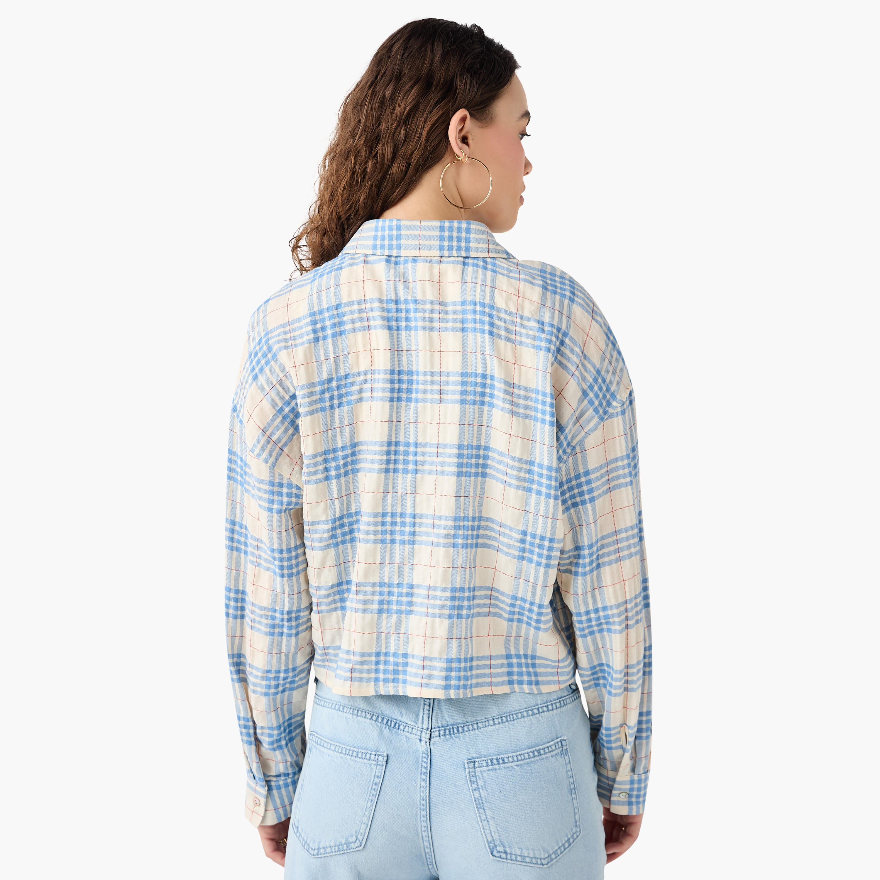 تيشيرت قصير كاروهات بأكمام طويلة وقصة عادية من لي كوبر-women-clothing-shirtsandblouses-shirts-image-3