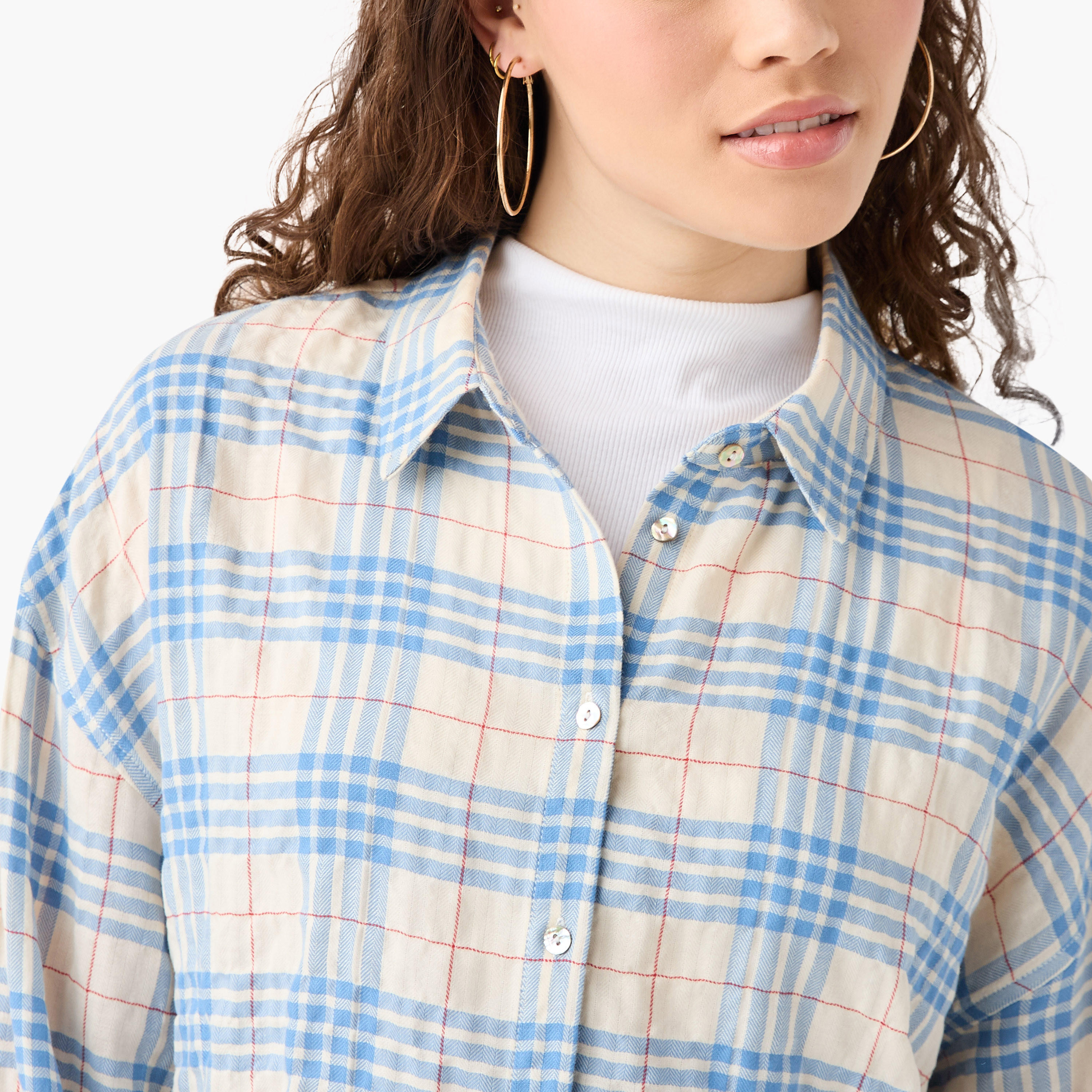 تيشيرت قصير كاروهات بأكمام طويلة وقصة عادية من لي كوبر-women-clothing-shirtsandblouses-shirts-image-4