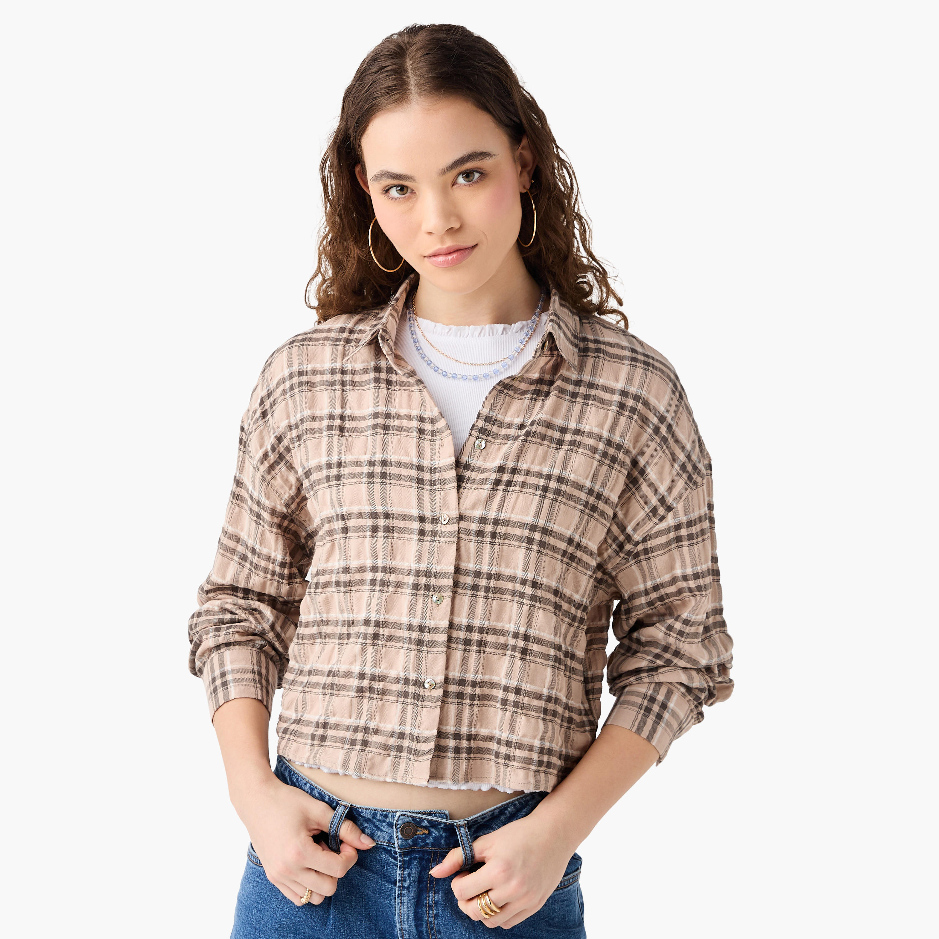 تيشيرت قصير كاروهات بأكمام طويلة وقصة عادية من لي كوبر-women-clothing-shirtsandblouses-shirts-image-11