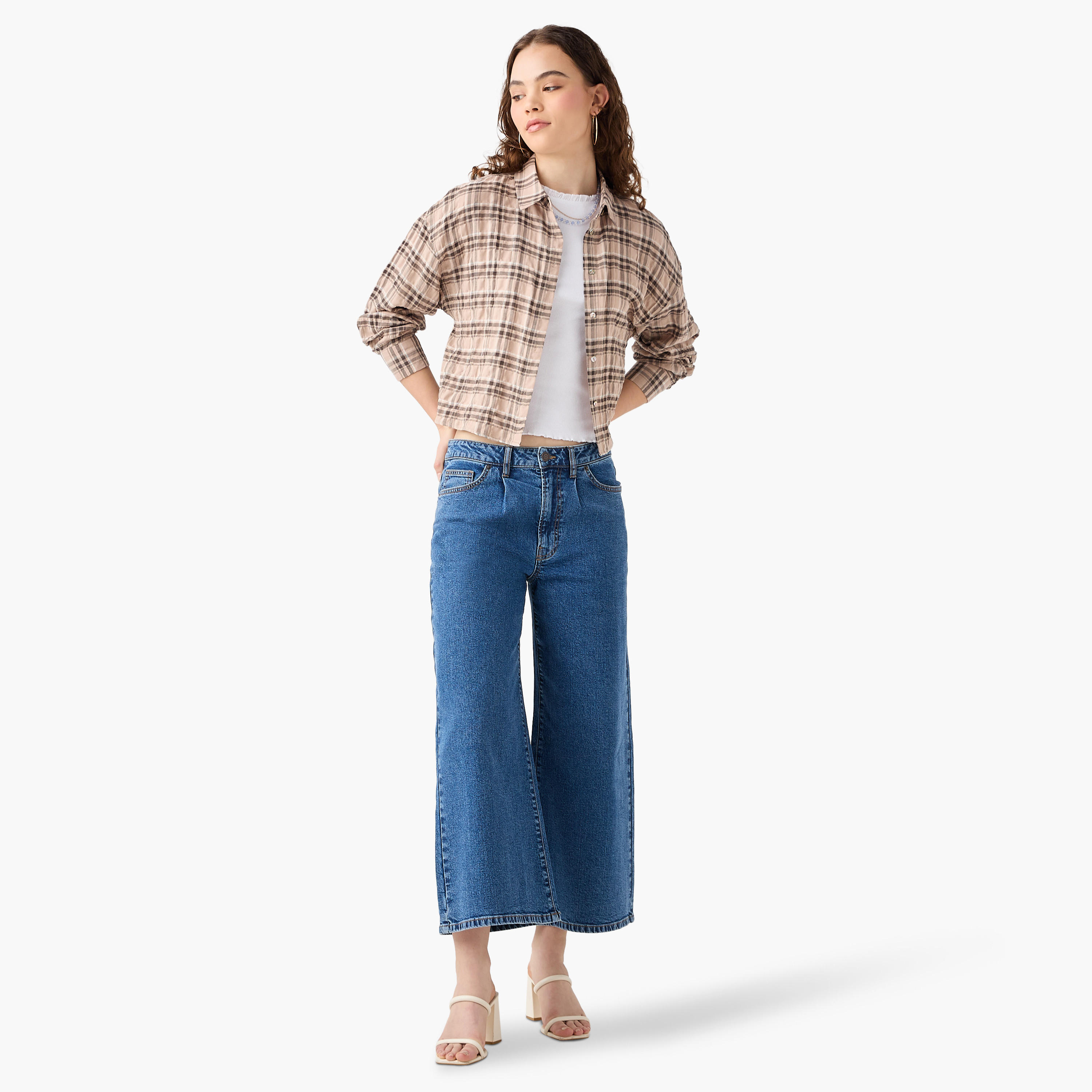 تيشيرت قصير كاروهات بأكمام طويلة وقصة عادية من لي كوبر-women-clothing-shirtsandblouses-shirts-image-12
