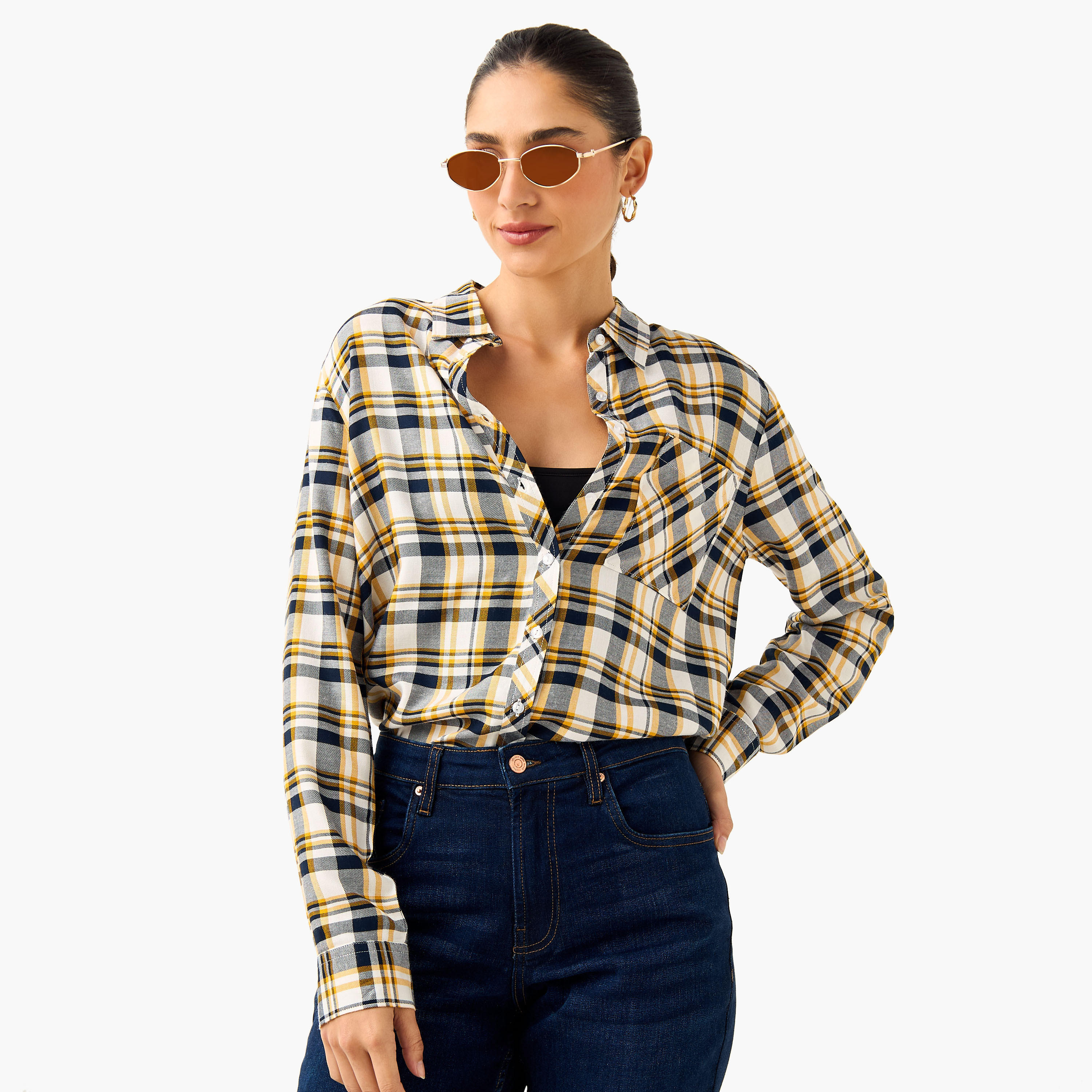 قميص كاروهات بياقة وأكمام طويلة وقصة عادية من لي كوبر-women-clothing-shirtsandblouses-shirts-image-6