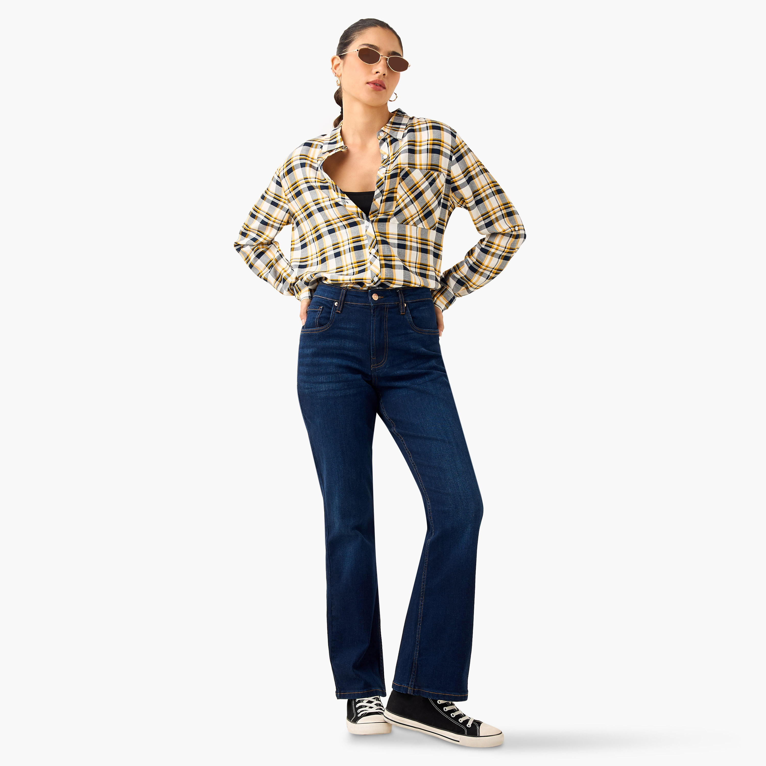 قميص كاروهات بياقة وأكمام طويلة وقصة عادية من لي كوبر-women-clothing-shirtsandblouses-shirts-image-5