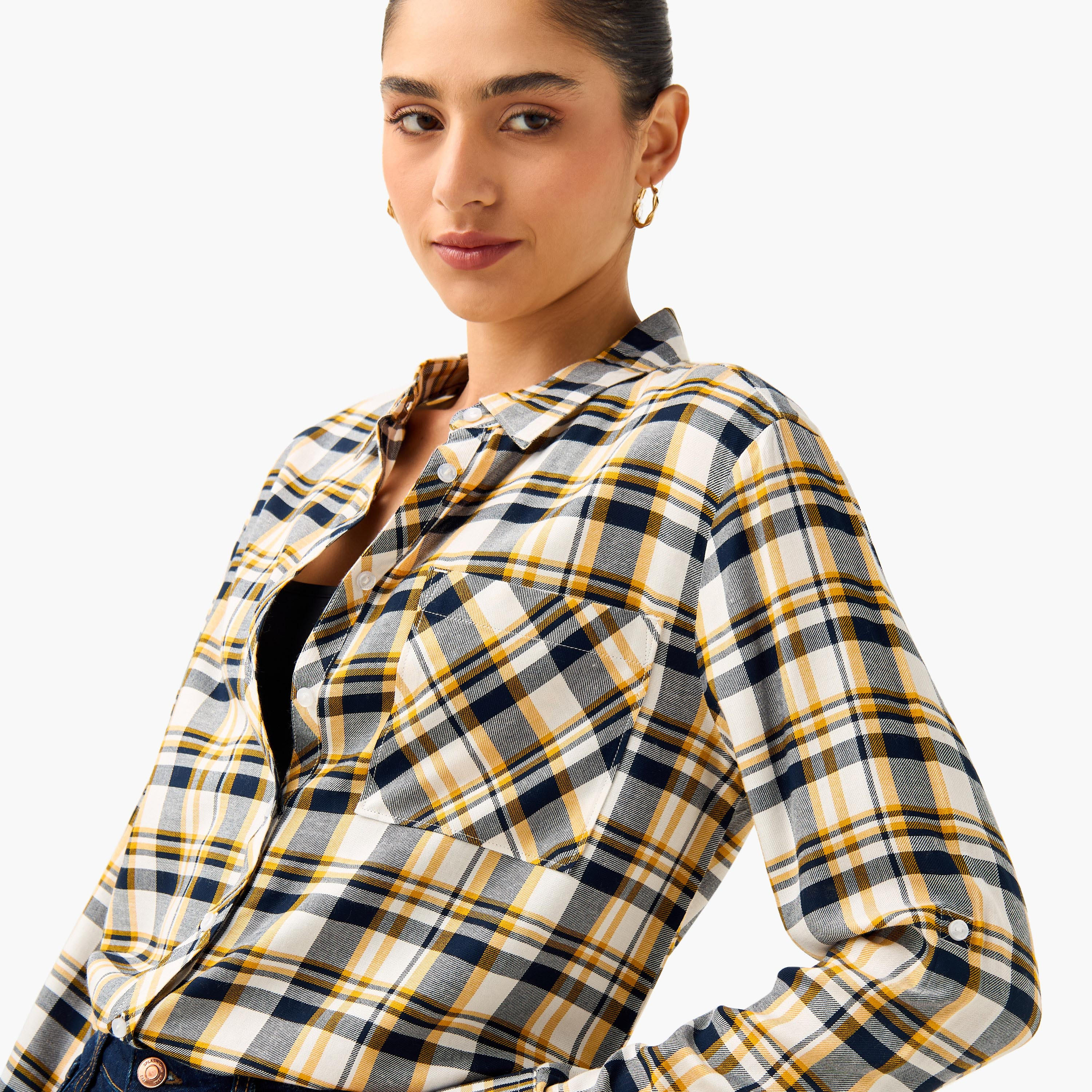 قميص كاروهات بياقة وأكمام طويلة وقصة عادية من لي كوبر-women-clothing-shirtsandblouses-shirts-image-3