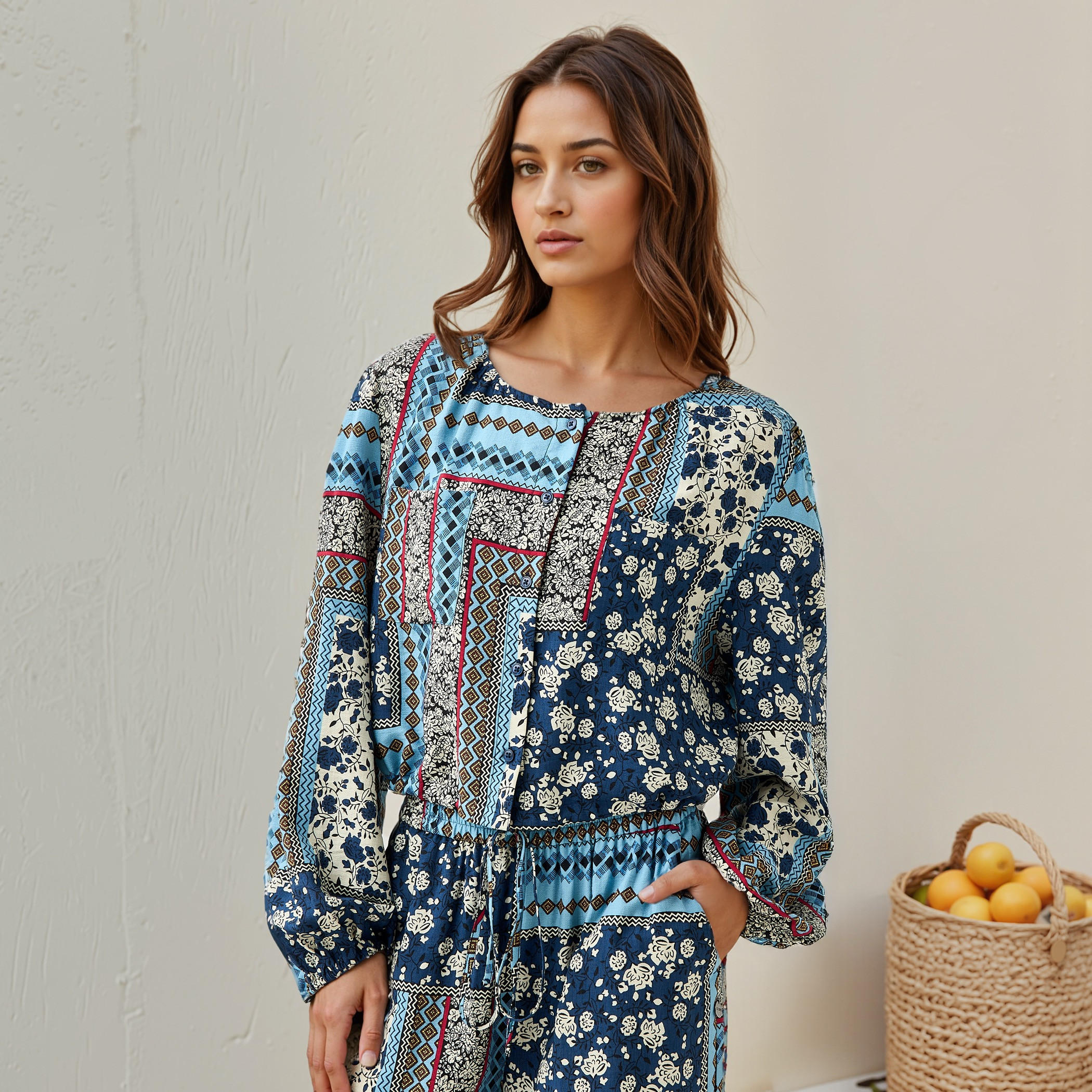 Lee Cooper All-Over Print Top with Long Sleeves and Tie-Up Detail-women-clothing-coordsets-image-2