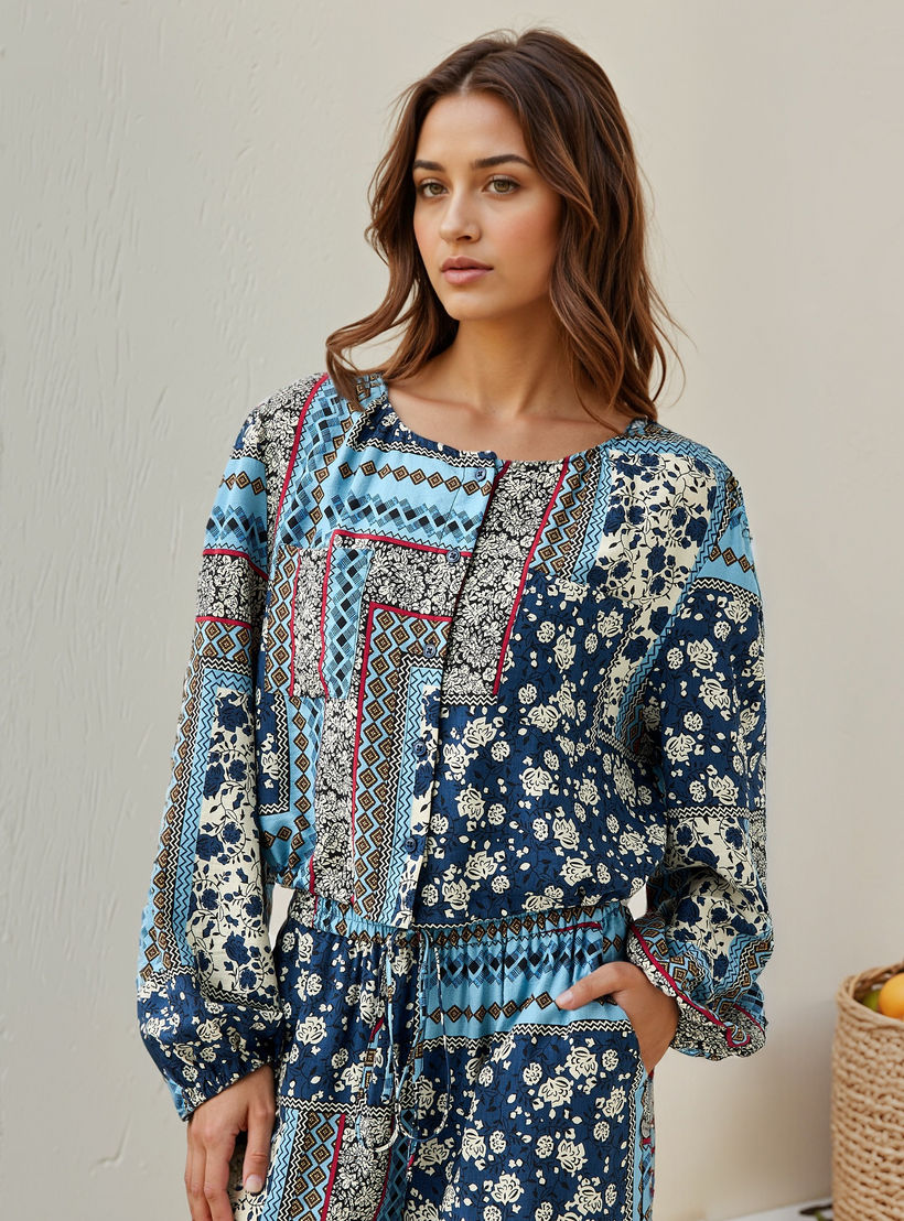 Lee Cooper All-Over Print Top with Long Sleeves and Tie-Up Detail-women-clothing-coordsets-image-2