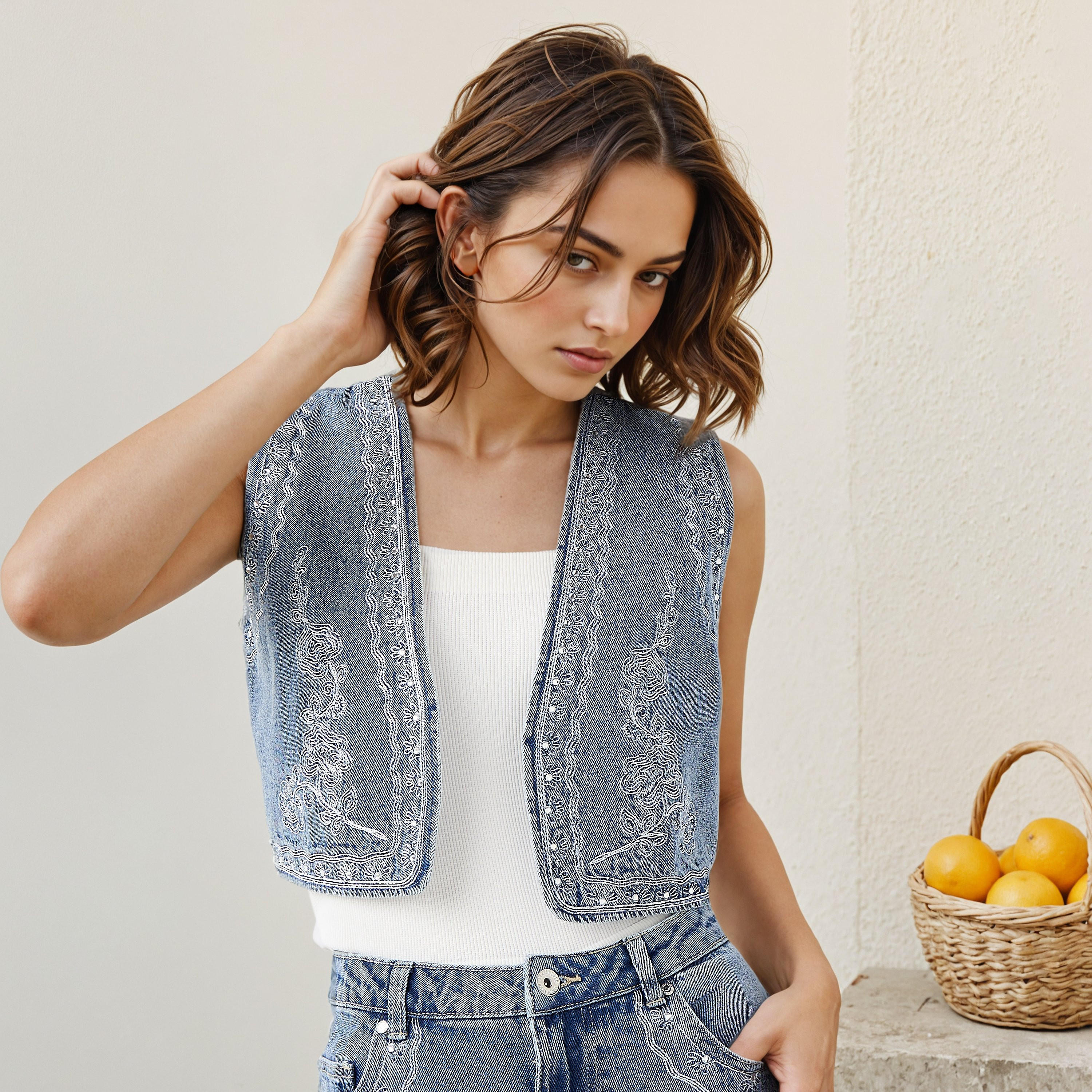 جاكيت دينم قصير مطرّز بدون أكمام من لي كوبر-women-winterwear-coatsandjackets-waistcoats-image-5