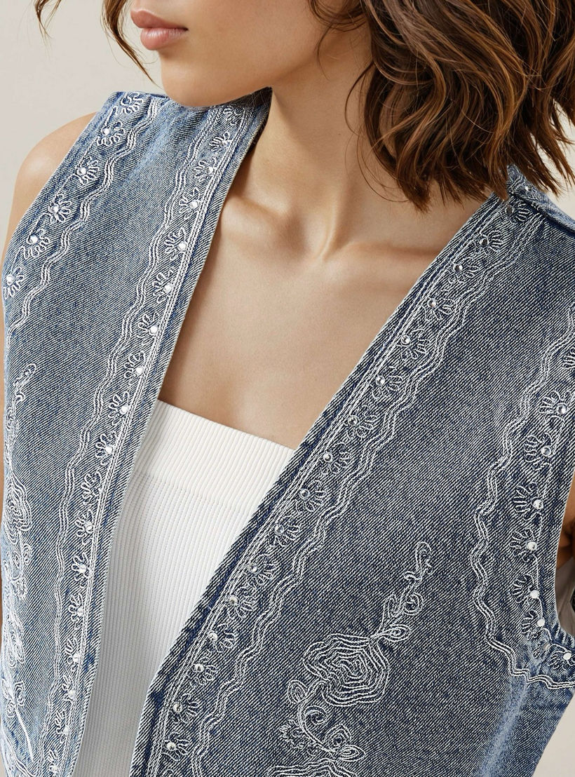 Lee Cooper Embroidered Denim Sleeveless Crop Jacket-women-winterwear-coatsandjackets-waistcoats-image-4