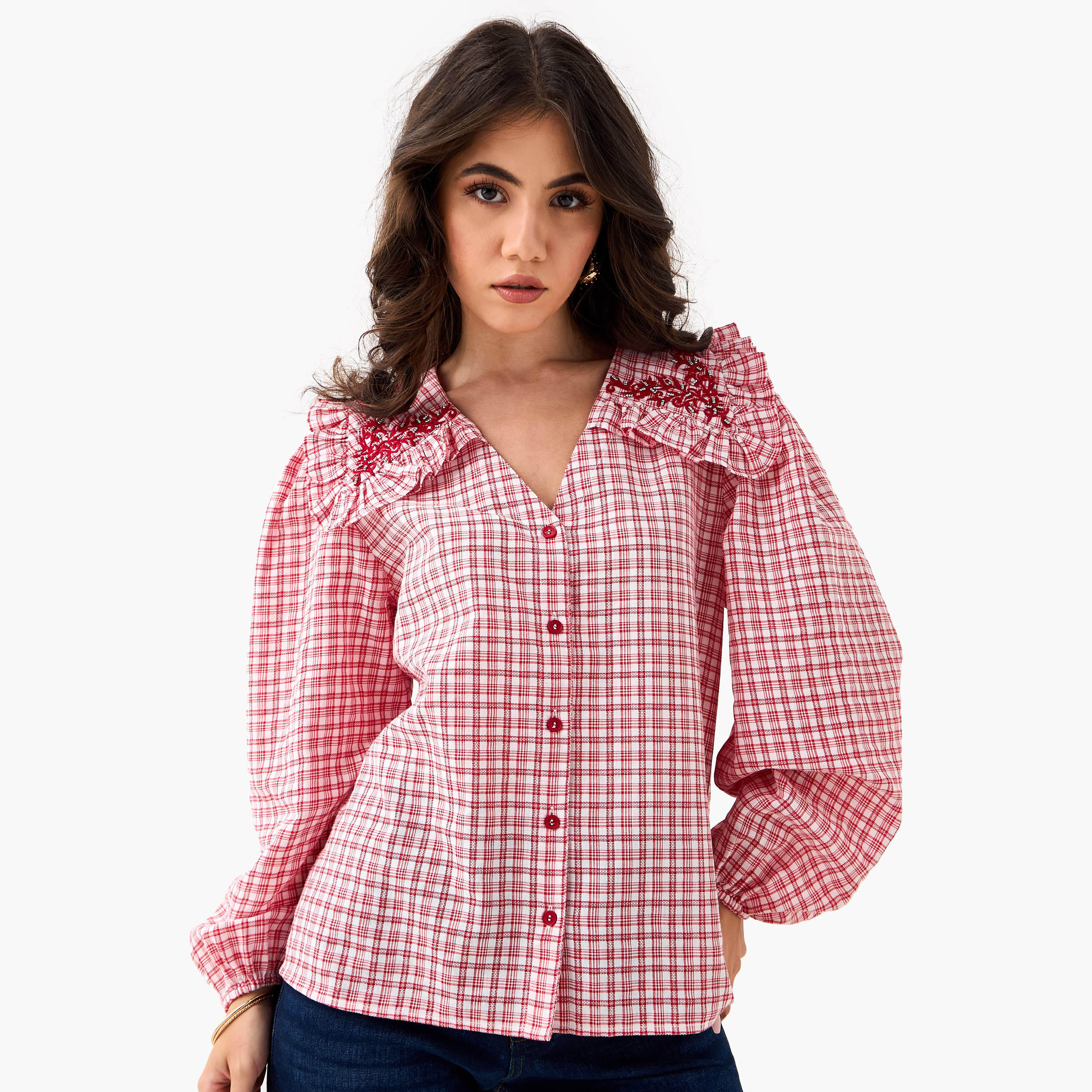 Lee Cooper Checked and Embellished Top-women-clothing-shirtsandblouses-blouses-image-1