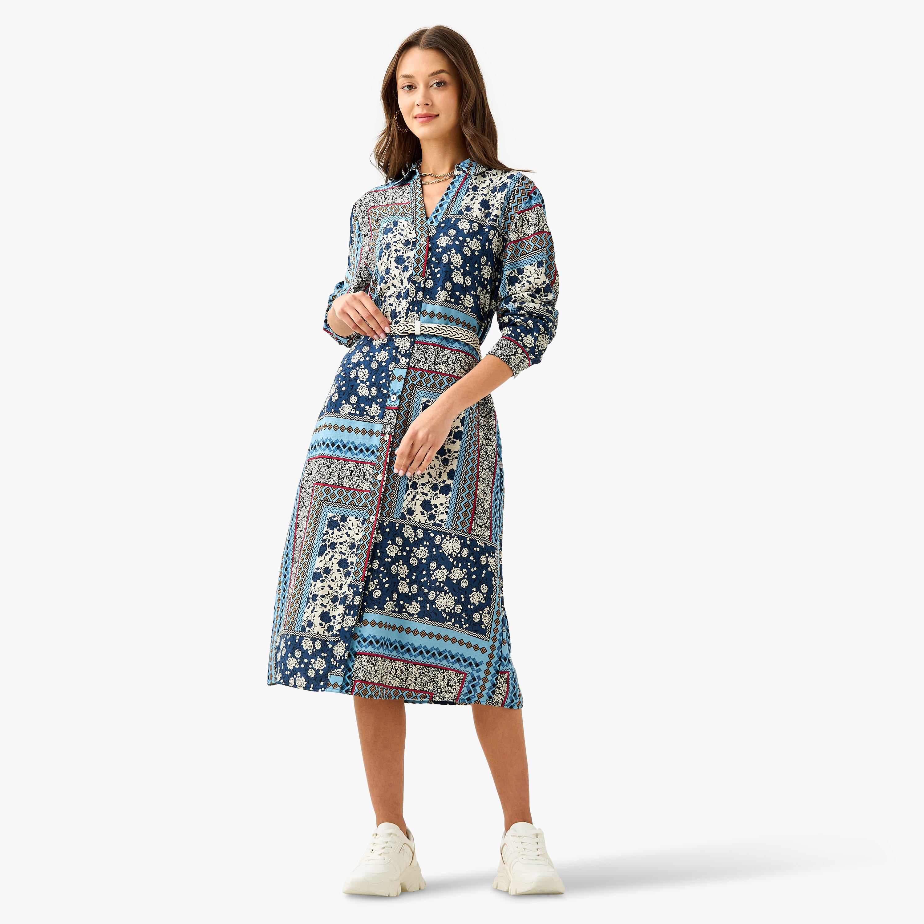 Lee Cooper All-Over Print Shirt Dress with Collar and Belt-women-clothing-dresses-image-1