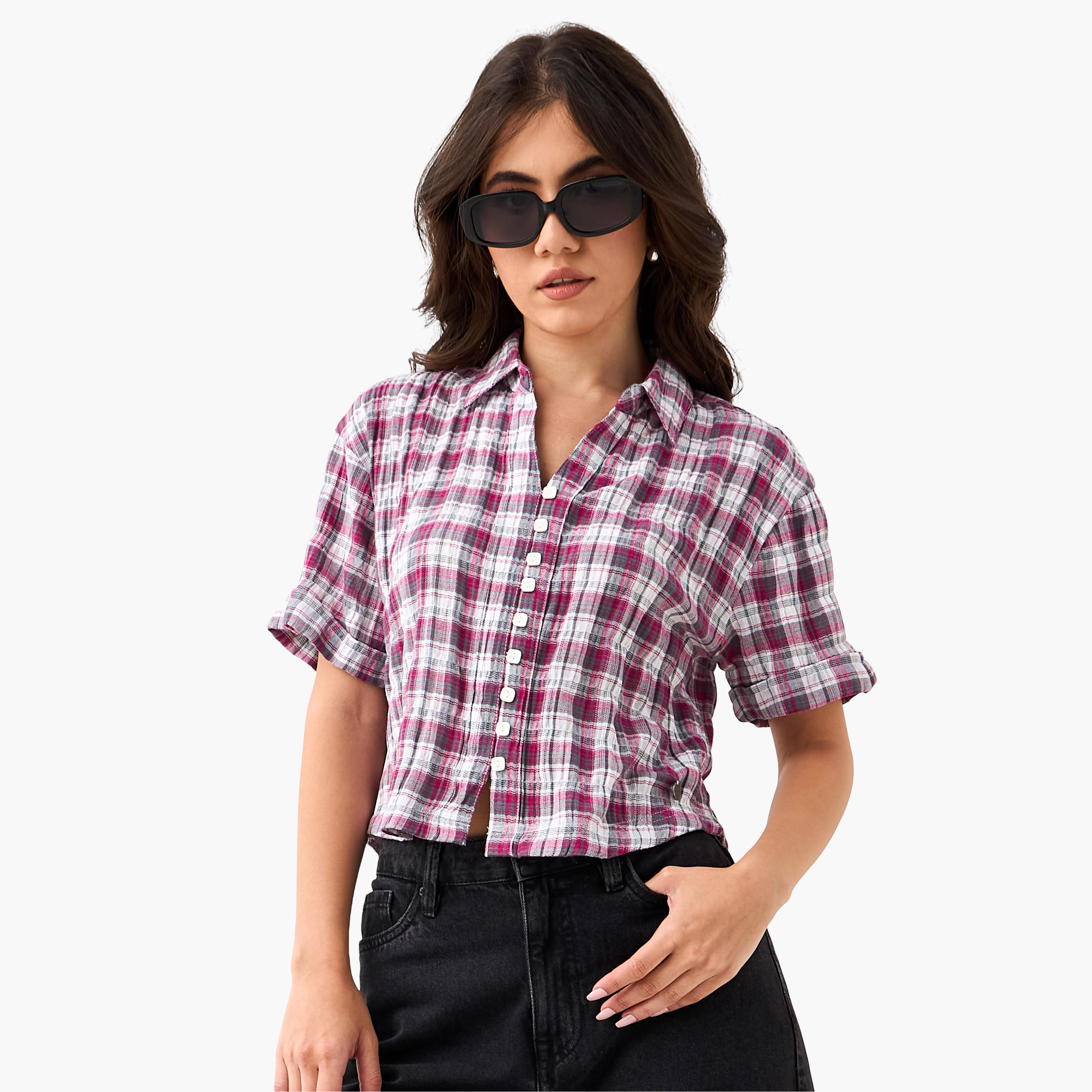 قميص كاروهات بقصة عادية وياقة من لي كوبر-women-clothing-shirtsandblouses-shirts-image-5