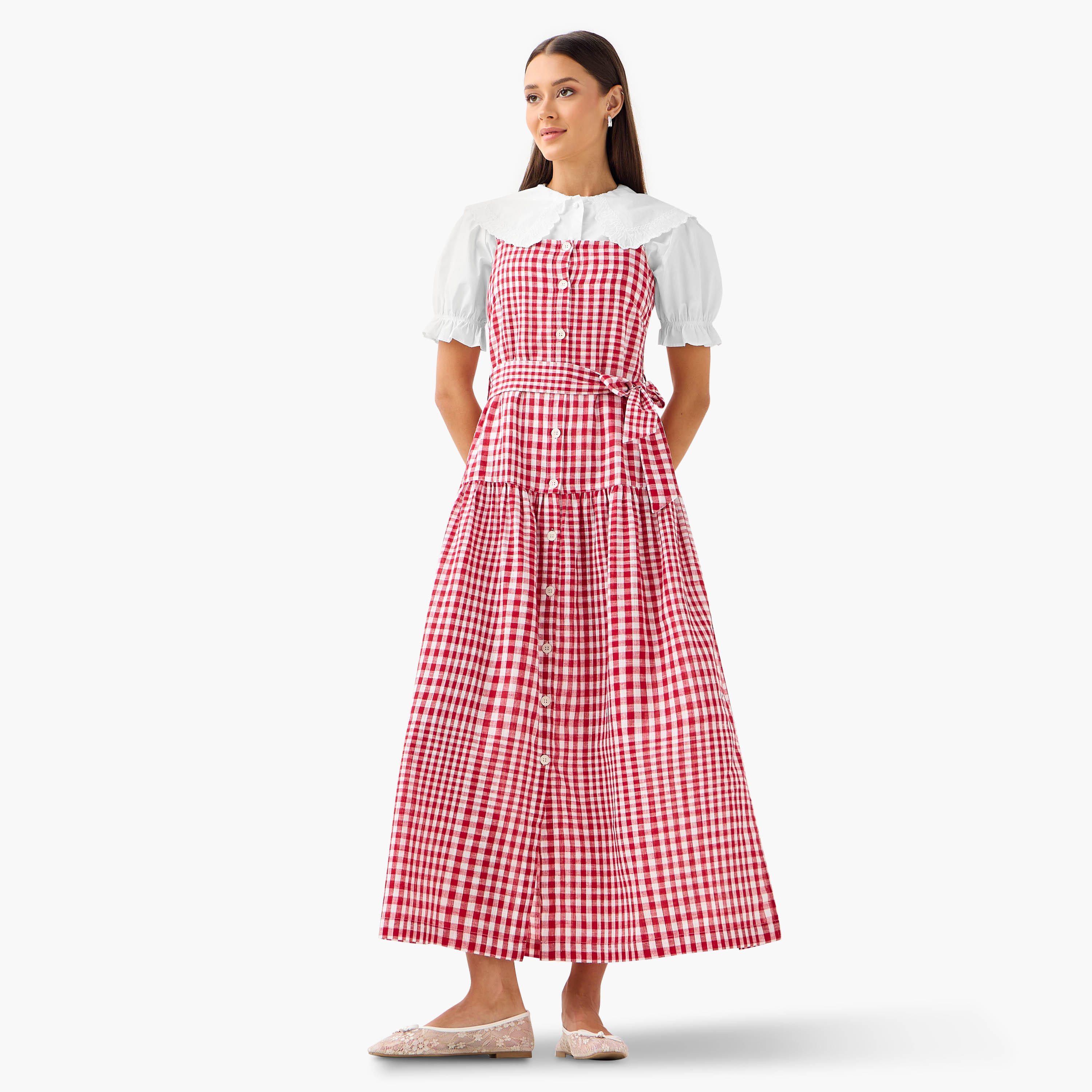 Lee Cooper Checked Sleeveless Tiered Linen Blend Dress with Square Neck-women-clothing-dresses-image-1