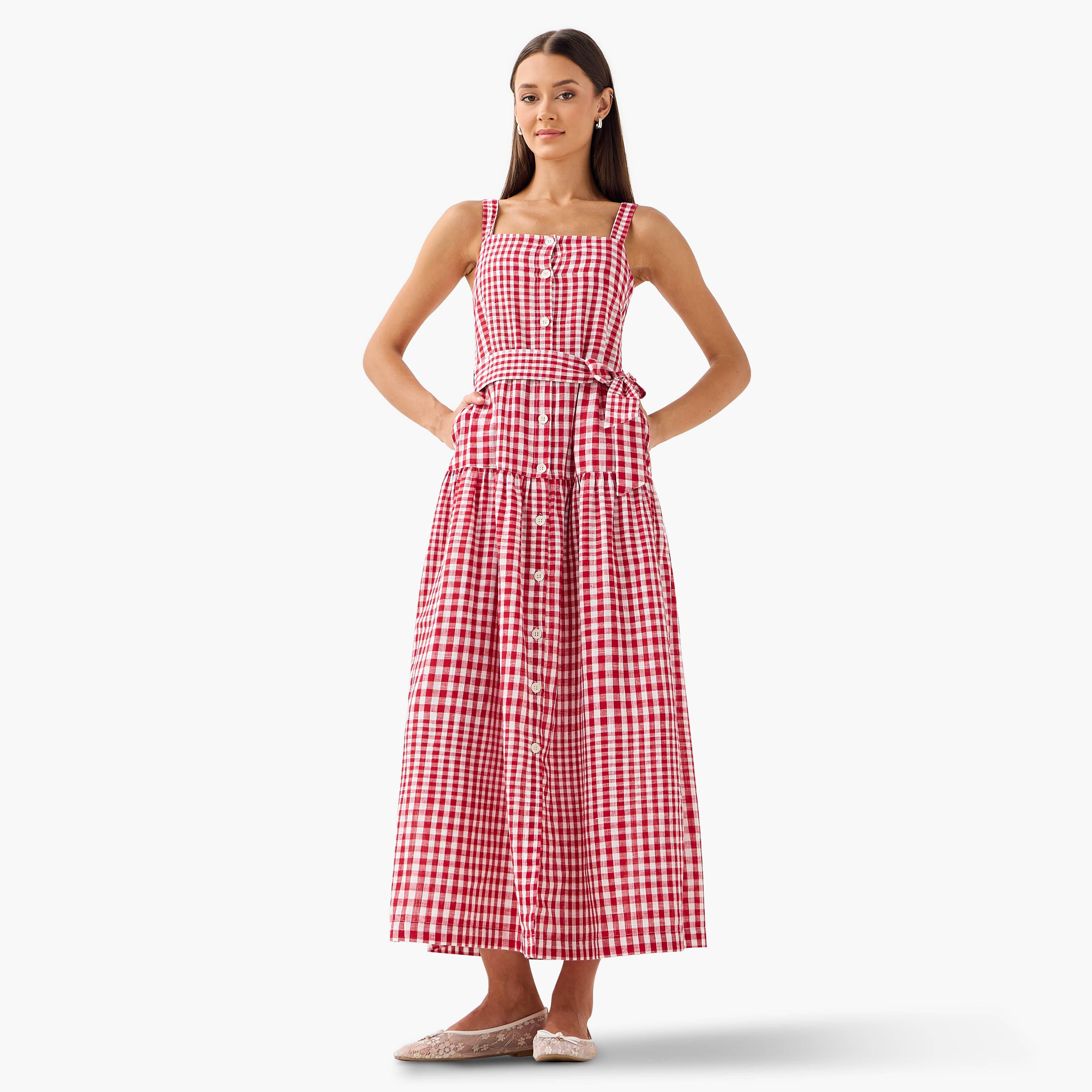 Lee Cooper Checked Sleeveless Tiered Linen Blend Dress with Square Neck-women-clothing-dresses-image-2
