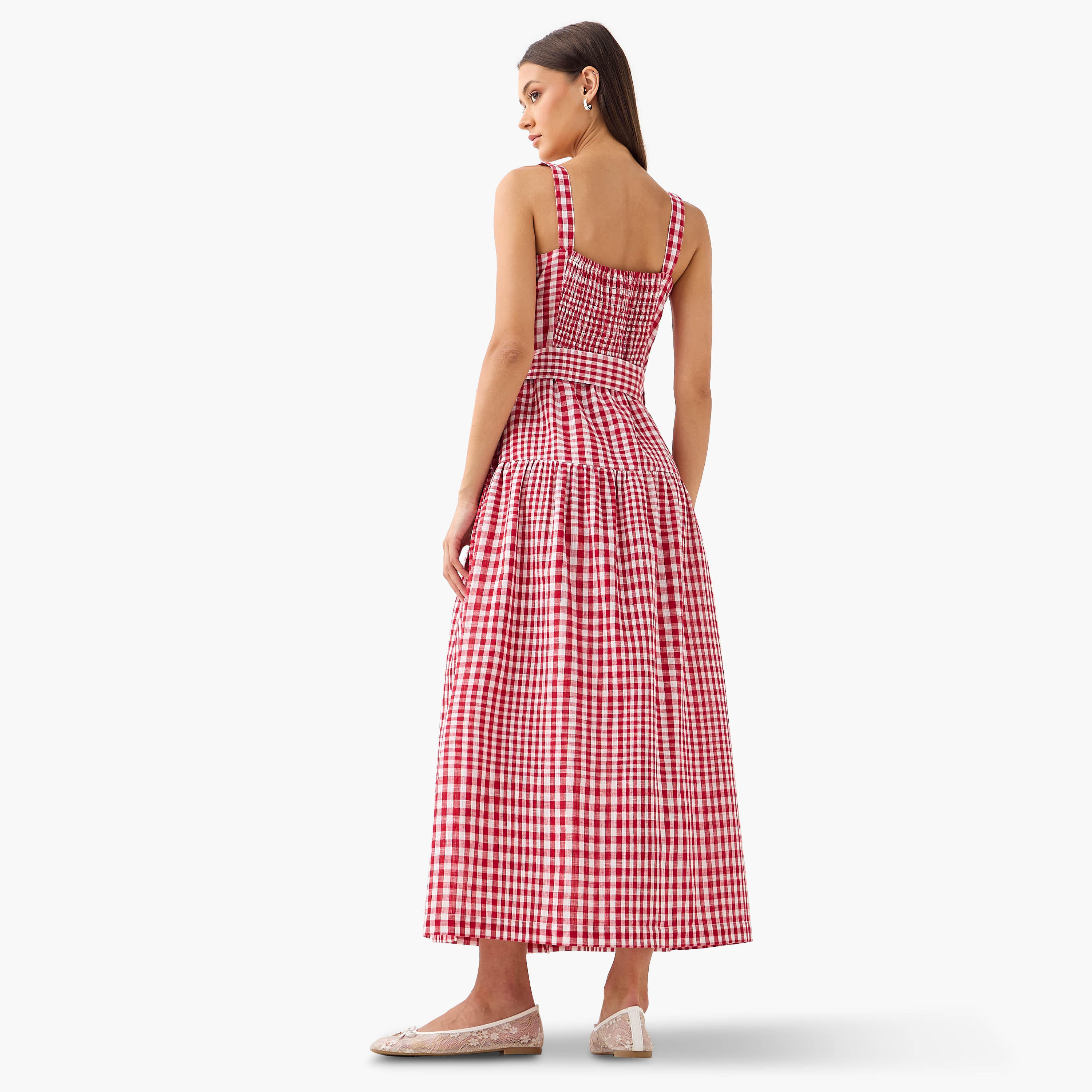 Lee Cooper Checked Sleeveless Tiered Linen Blend Dress with Square Neck-women-clothing-dresses-image-3
