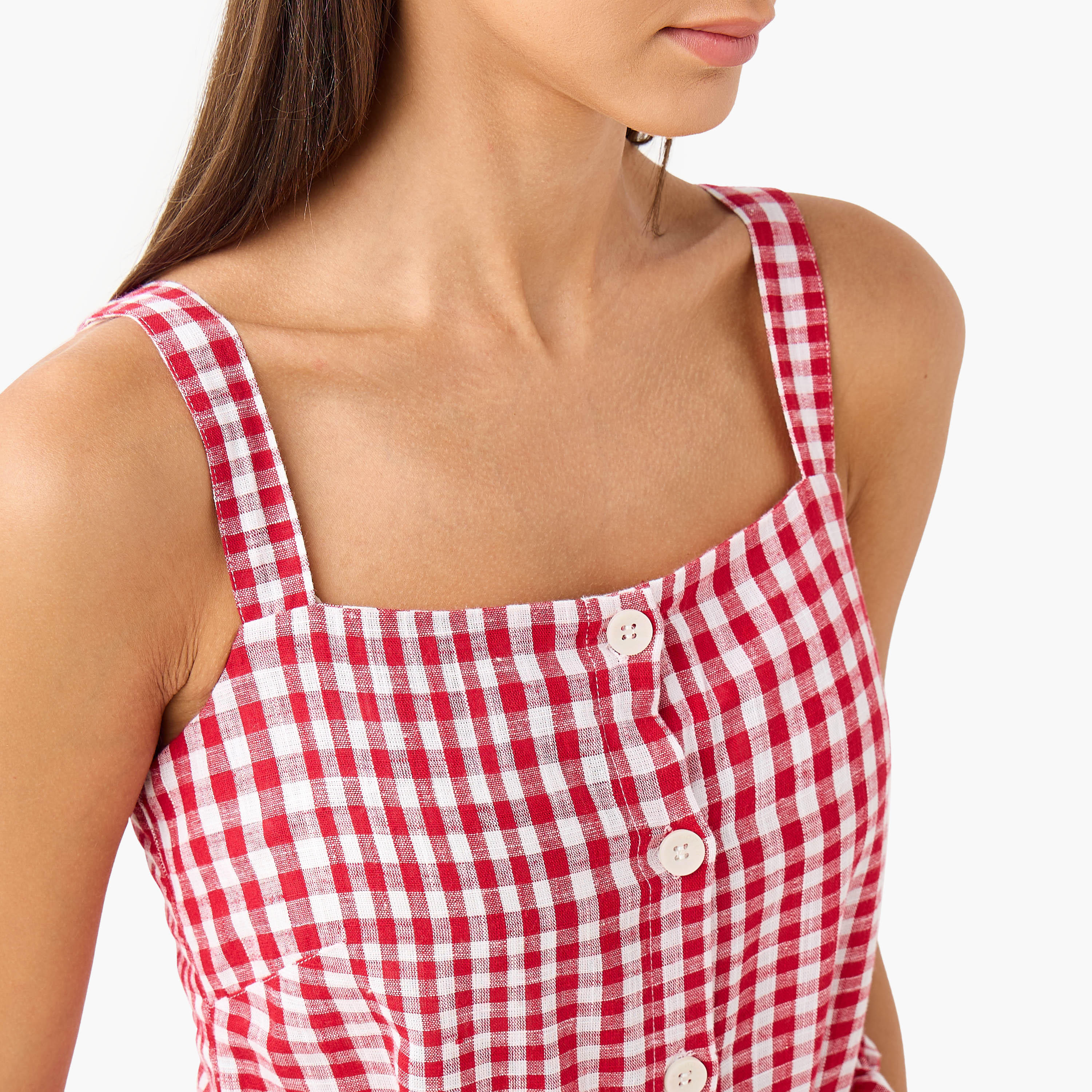 Lee Cooper Checked Sleeveless Tiered Linen Blend Dress with Square Neck-women-clothing-dresses-image-4