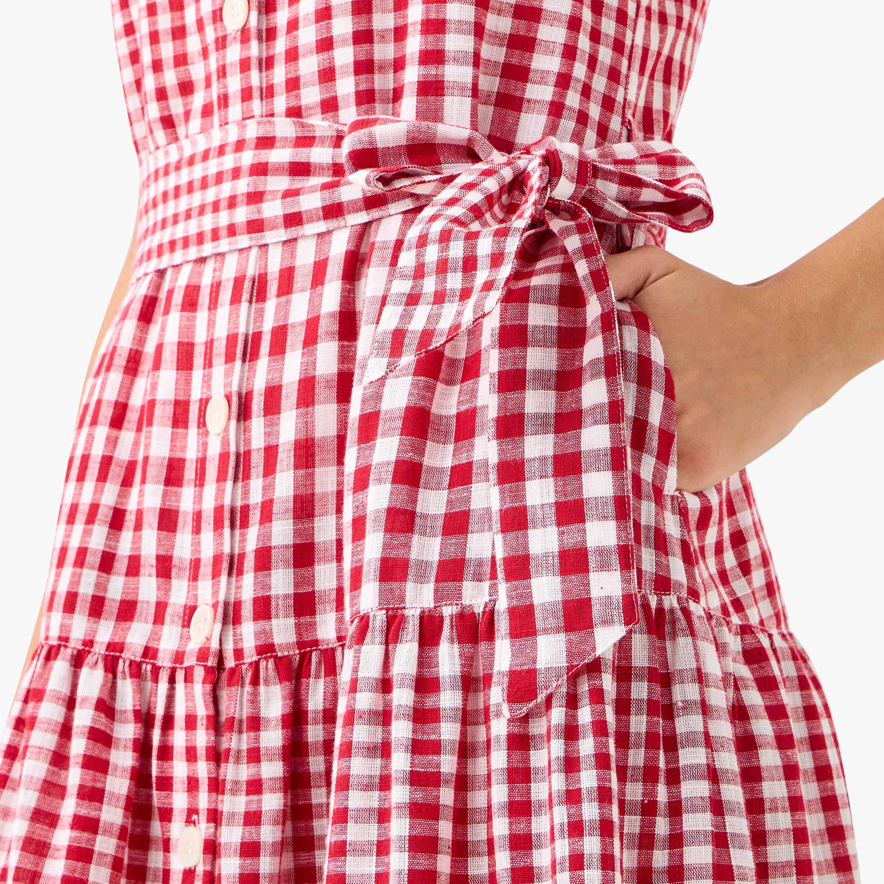 Lee Cooper Checked Sleeveless Tiered Linen Blend Dress with Square Neck-women-clothing-dresses-image-5