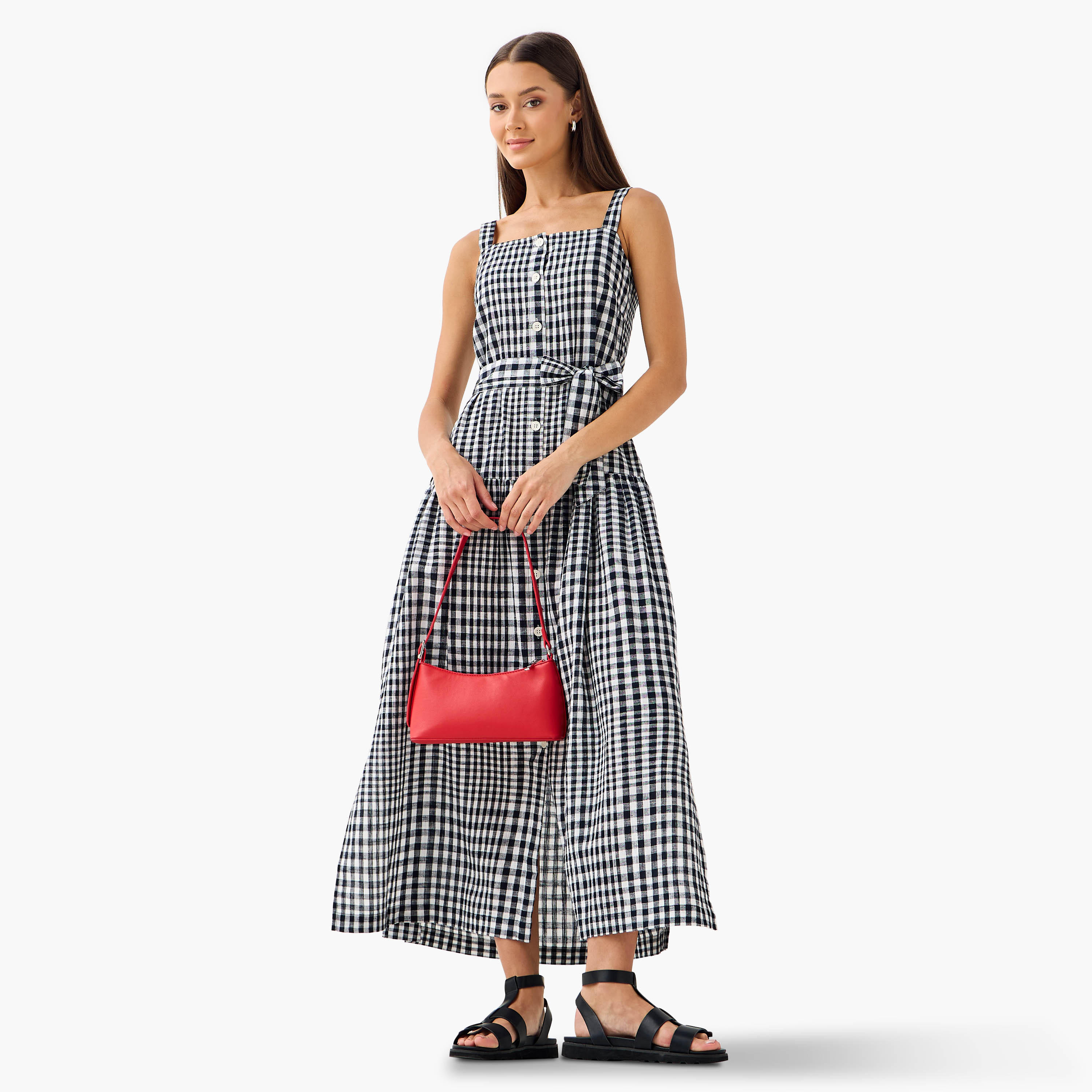 Lee Cooper Checked Sleeveless Tiered Linen Blend Dress with Square Neck-women-clothing-dresses-image-1