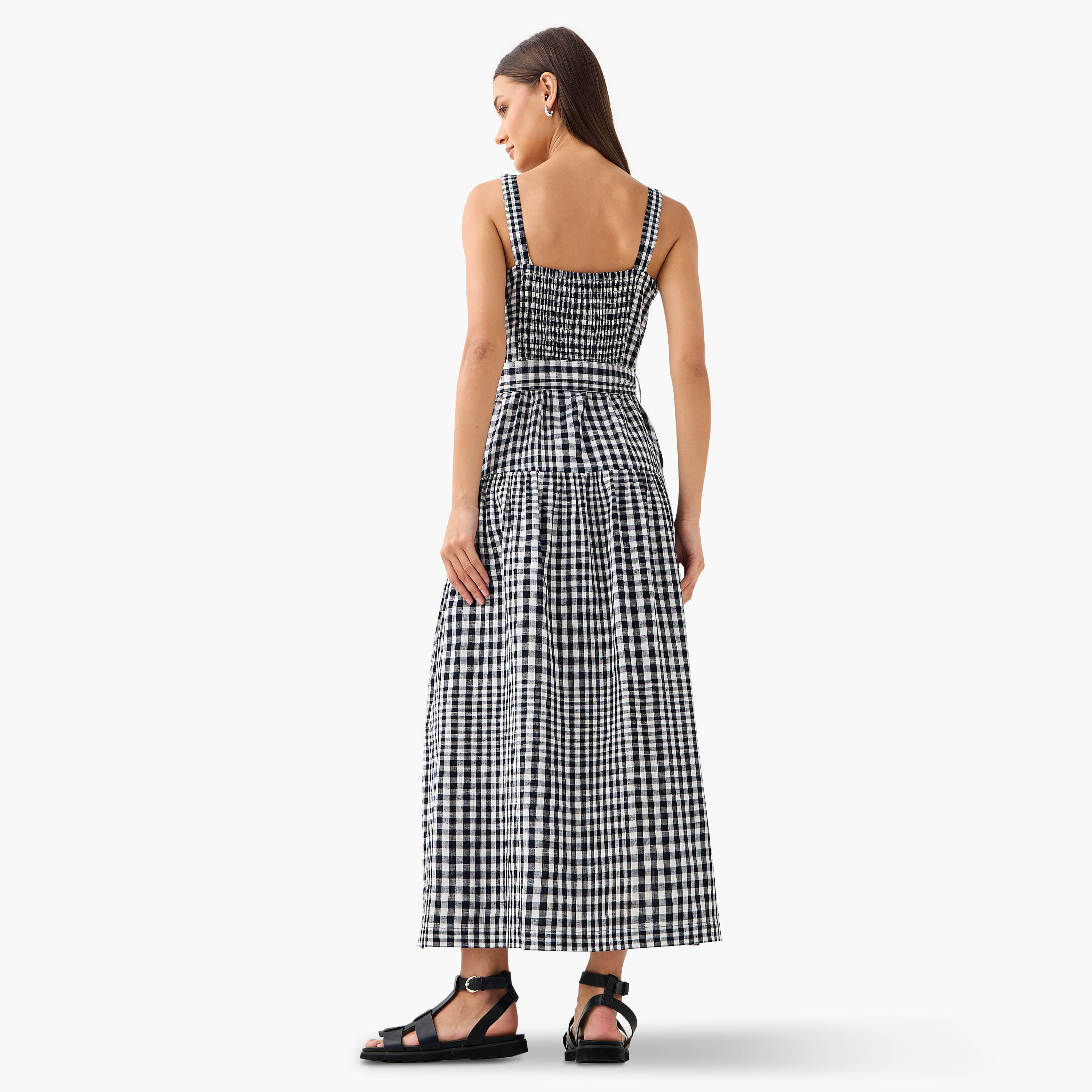 Lee Cooper Checked Sleeveless Tiered Linen Blend Dress with Square Neck-women-clothing-dresses-image-3