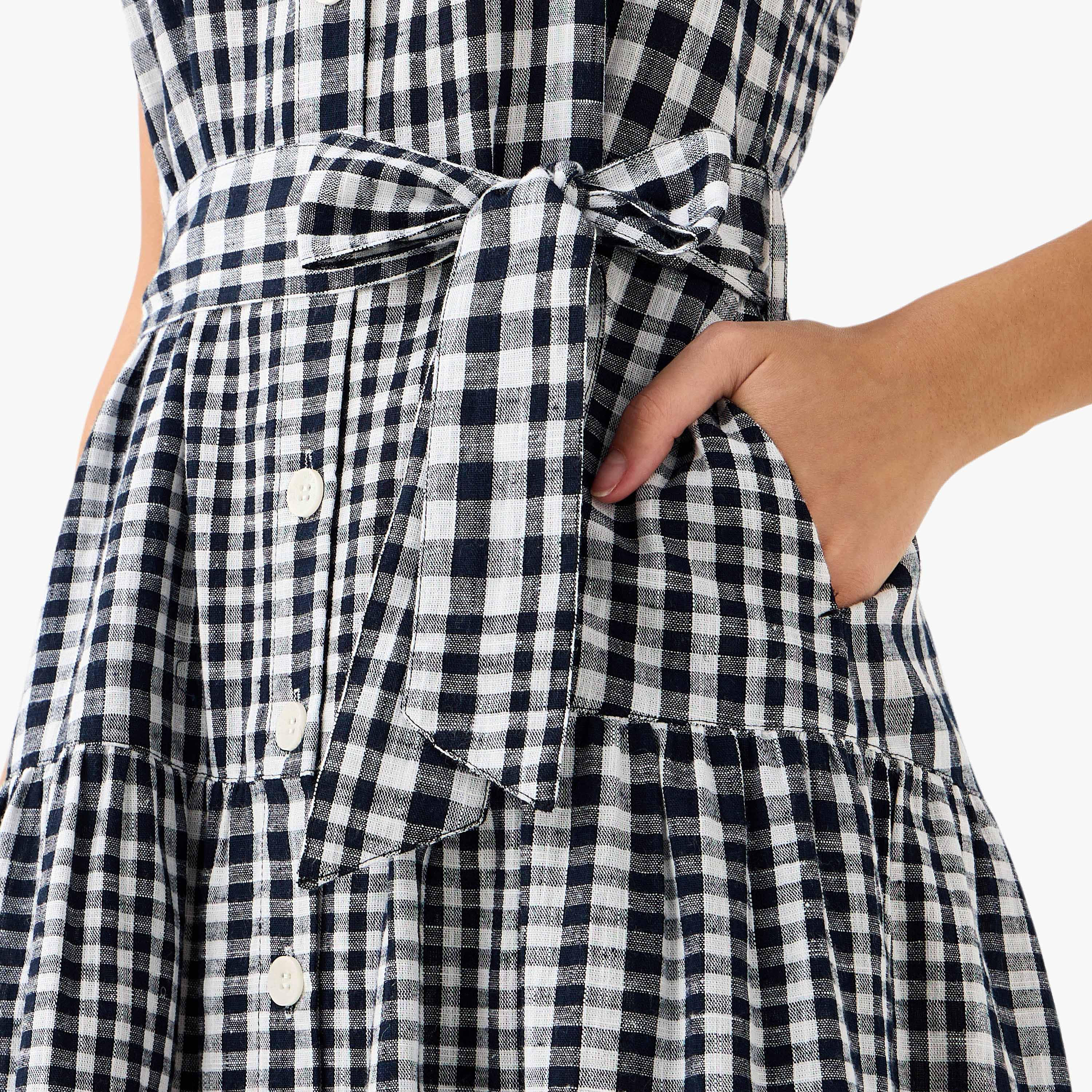 Lee Cooper Checked Sleeveless Tiered Linen Blend Dress with Square Neck-women-clothing-dresses-image-5