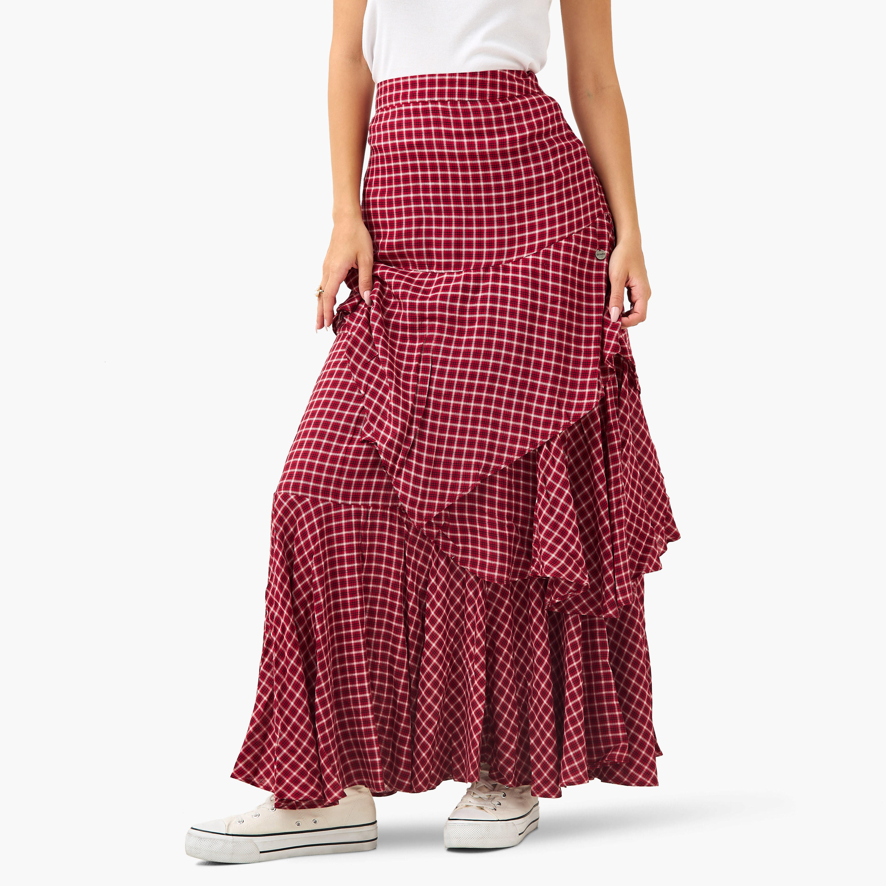 Lee Cooper Checked Layered Maxi Skirt with Semi-Elasticated Waist-women-clothing-bottoms-skirts-image-1