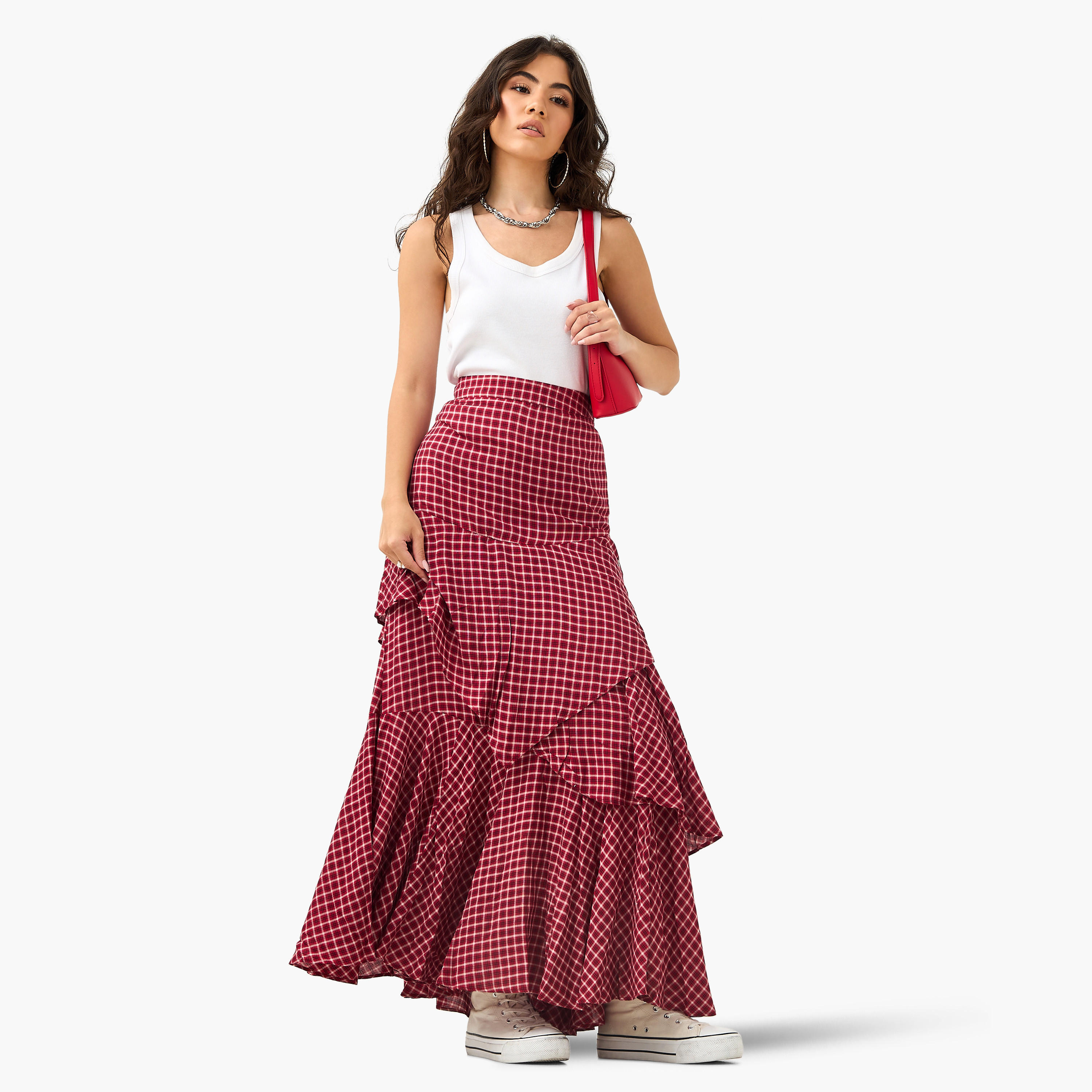 Lee Cooper Checked Layered Maxi Skirt with Semi-Elasticated Waist-women-clothing-bottoms-skirts-image-2