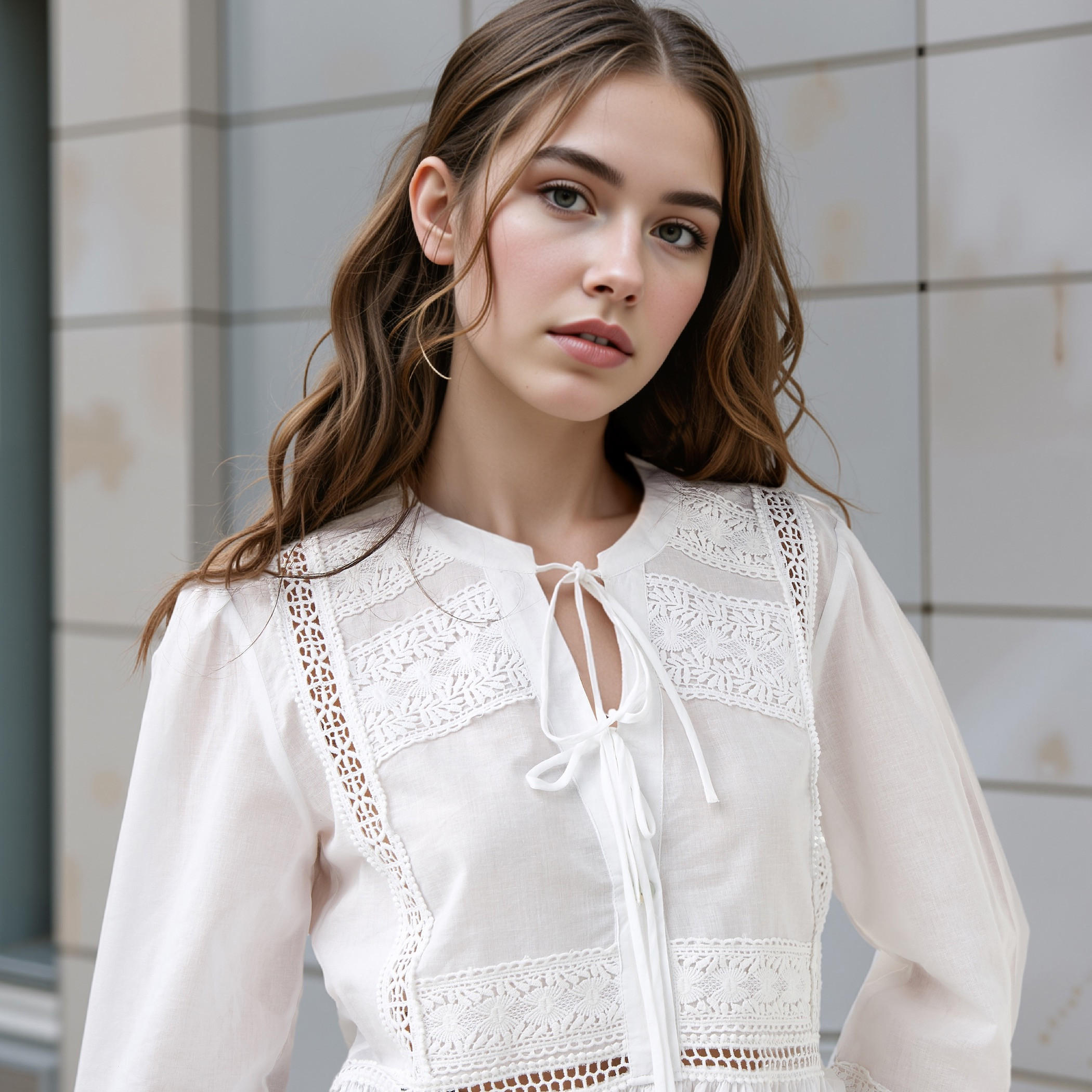 بلوزة بخصر كشكش وتفاصيل دانتيل مع أربطة من لي كوبر-women-clothing-shirtsandblouses-blouses-image-4