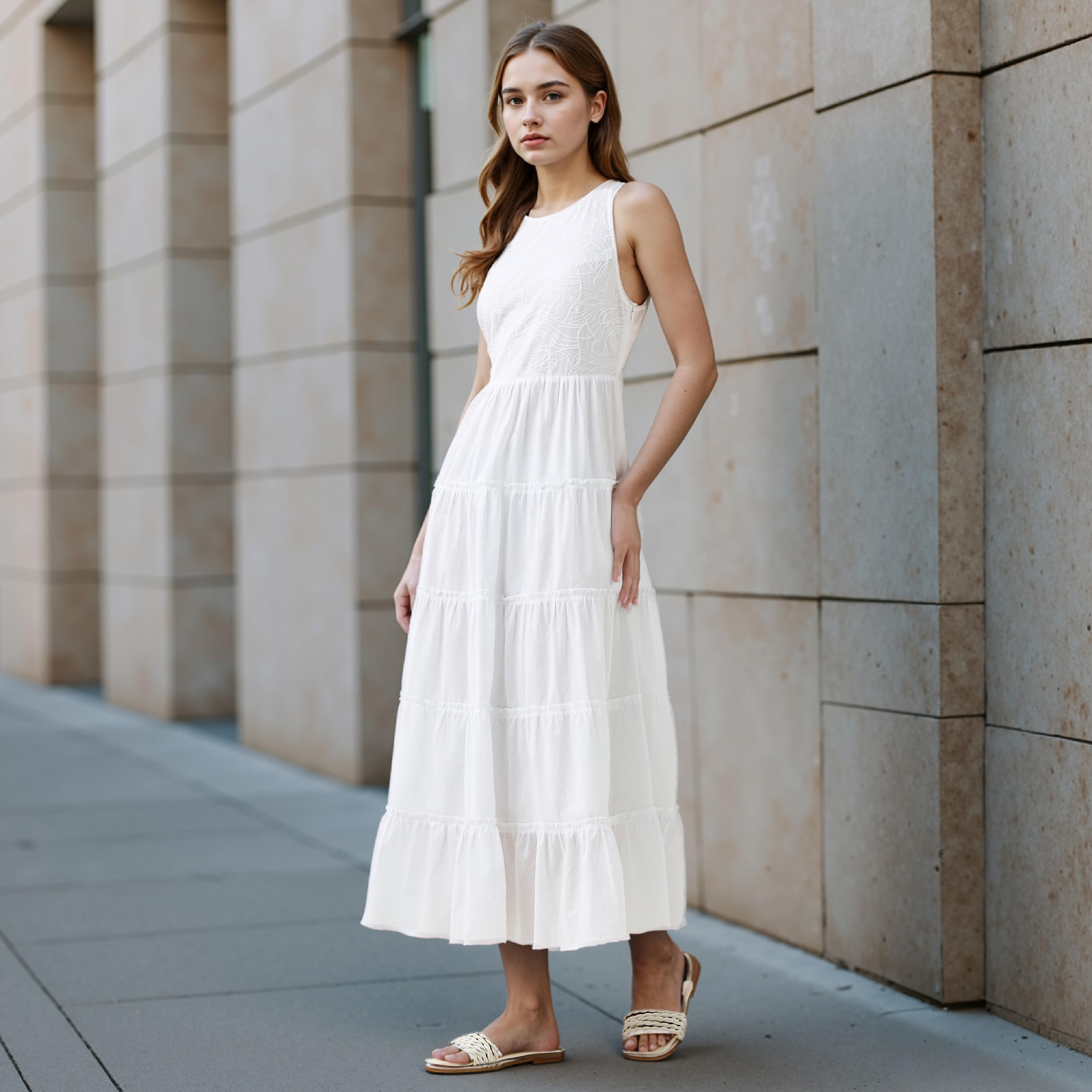 Lee Cooper Tiered Sleeveless Maxi Cotton Dress with Embroidered Detail-women-clothing-dresses-image-1