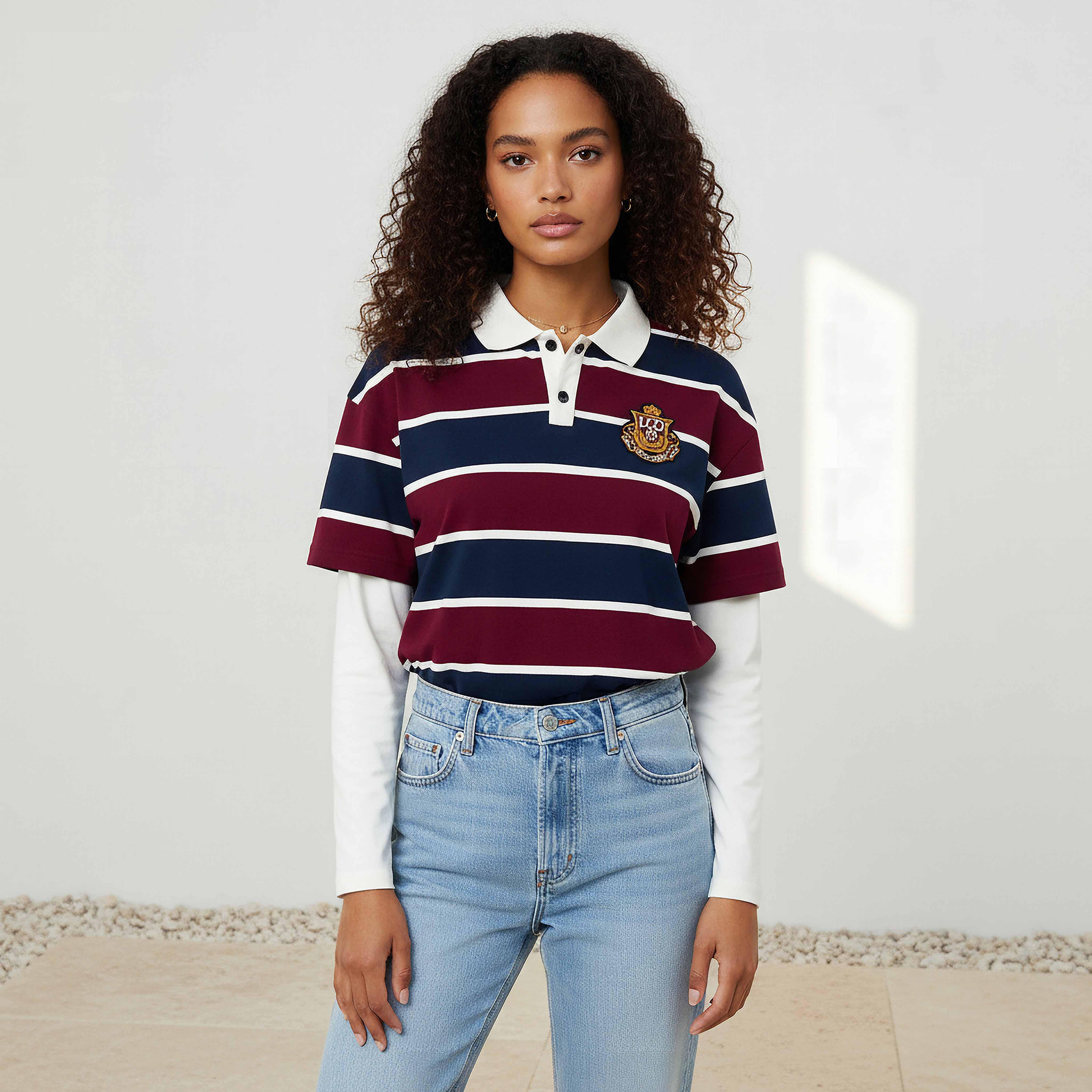 تيشيرت بولو مخطط بقصة عادية قطن من لي كوبر-women-clothing-tshirts-image-1